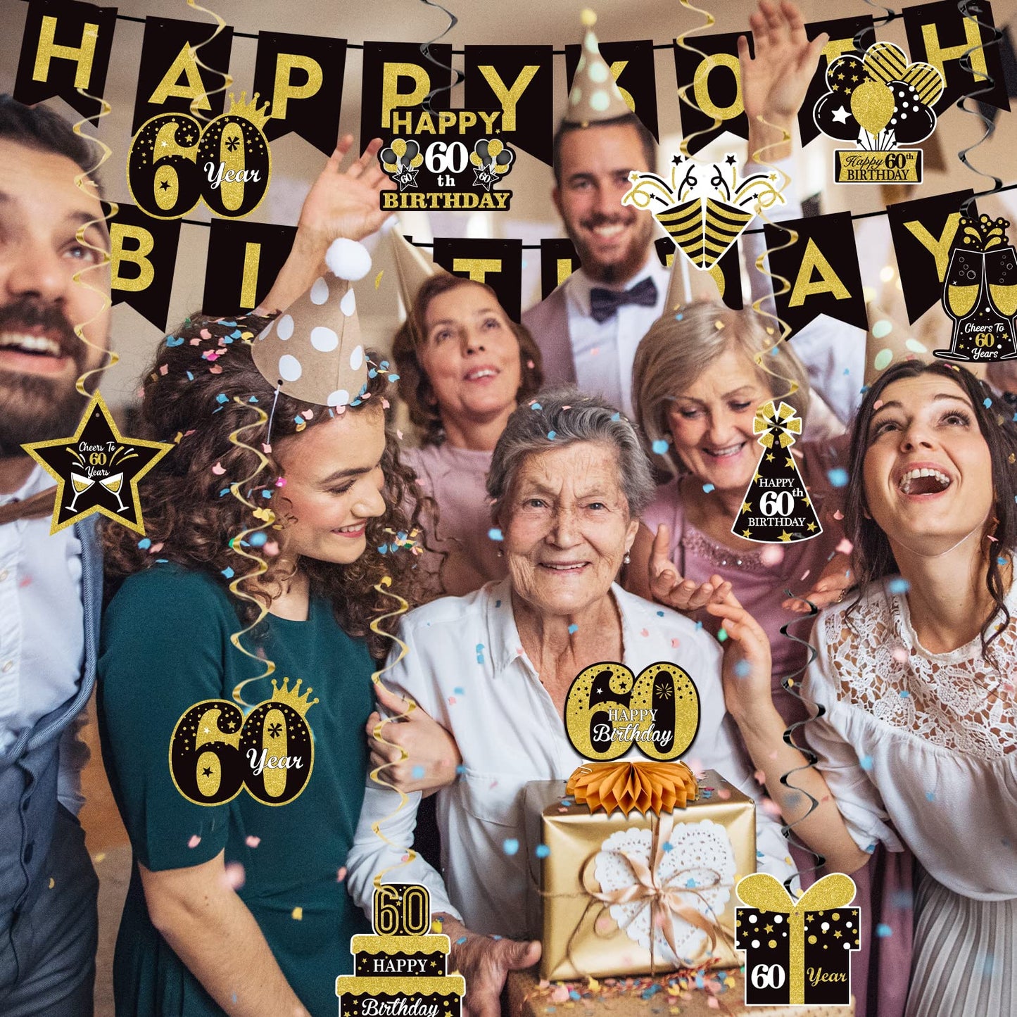 60Th Glitter Black Gold Birthday Banner Party Decorations, Happy 60Th Birthday Decorations Hanging Swirls Banner Honeycomb Centerpieces For Men Women Happy 60 Years Old Bday Party