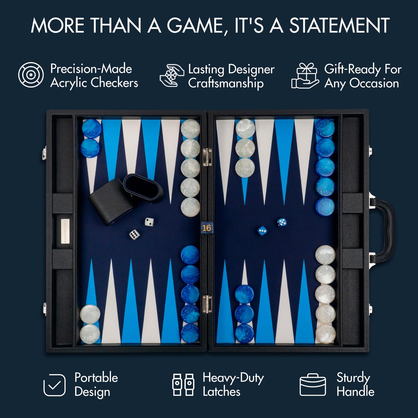 Pointworks 19" Premium Backgammon Set - Leather Black & Blue, 1.6" Checkers, Travel Game, Model PWBG19BC