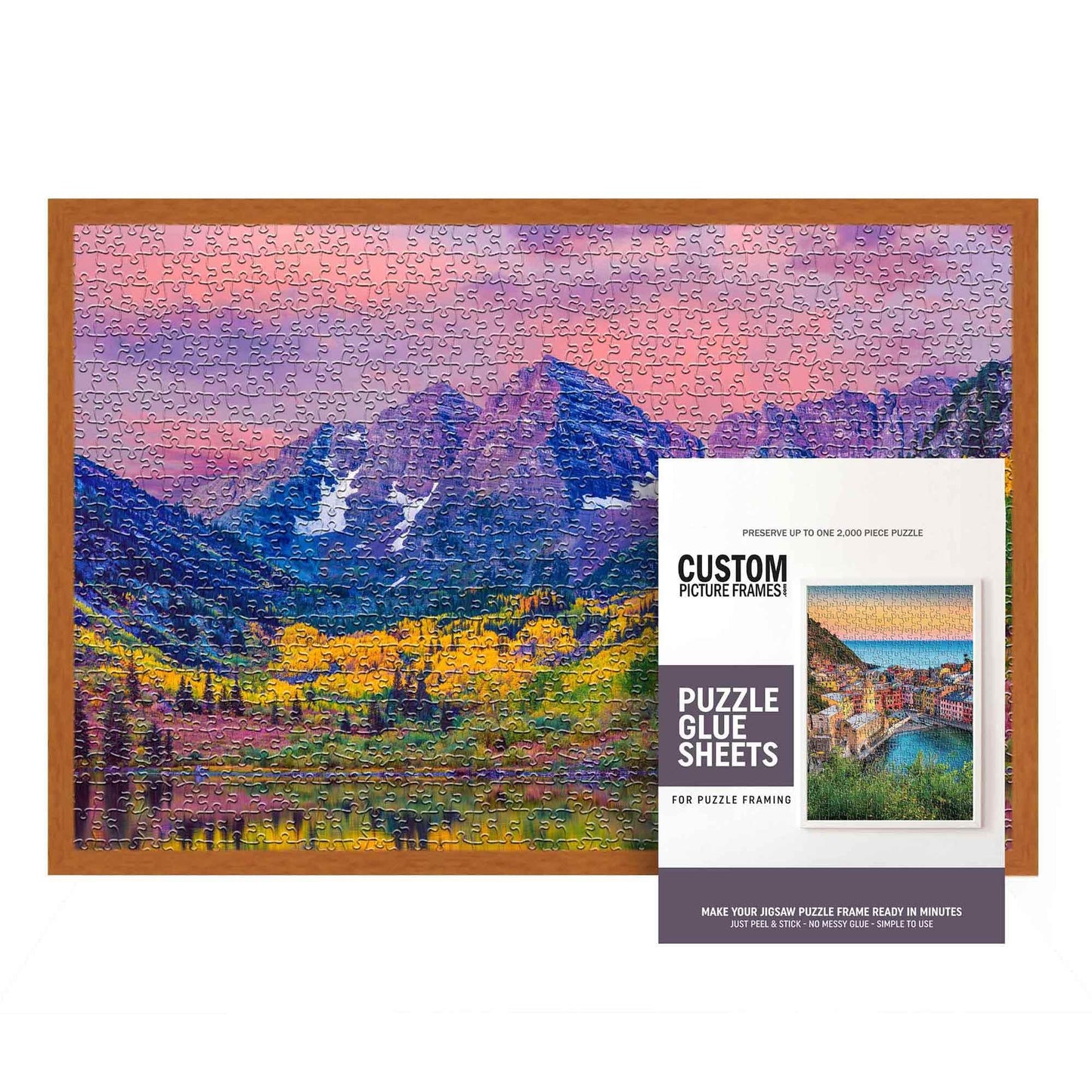 20X27 Puzzle Frame Kit With Glue Sheets | Light Brown Traditional Picture Frame | Real Wood With Uv Resistant Acrylic Front | Ma