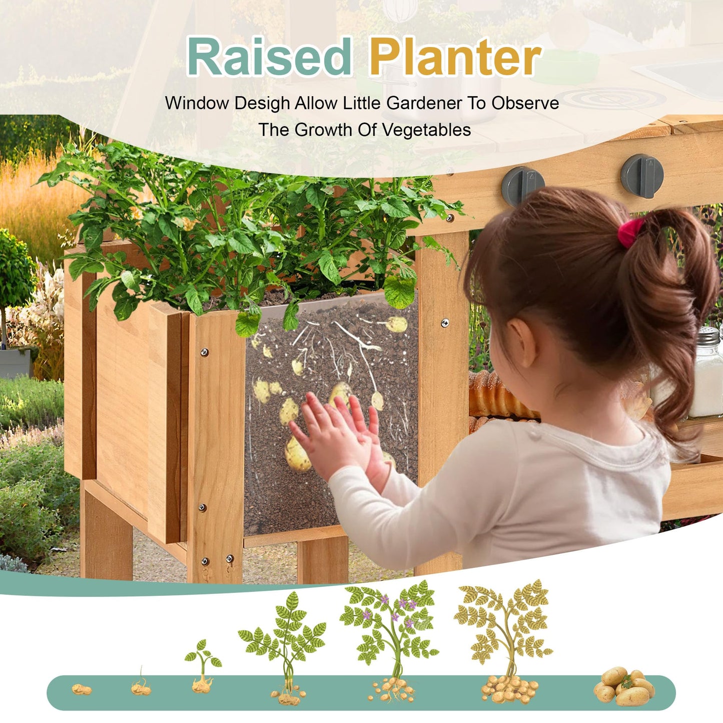Aoparts Mud Kitchen For Kids Outdoor, Wood Outdoor Kitchen With Planter Box, Toddler Play Kitchen With Sink, Faucet, Blackboard,