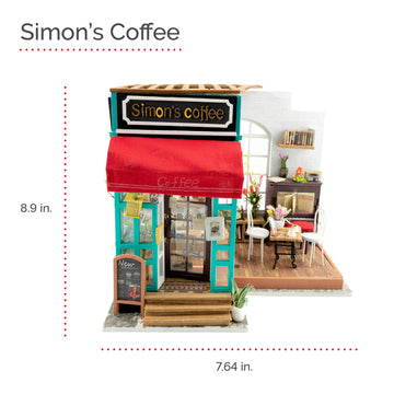 Hands Craft DIY Miniature Dollhouse Kit - Simon's Coffee 3D Model Tiny House Building with LED Lights Wood Prefabricated Pieces