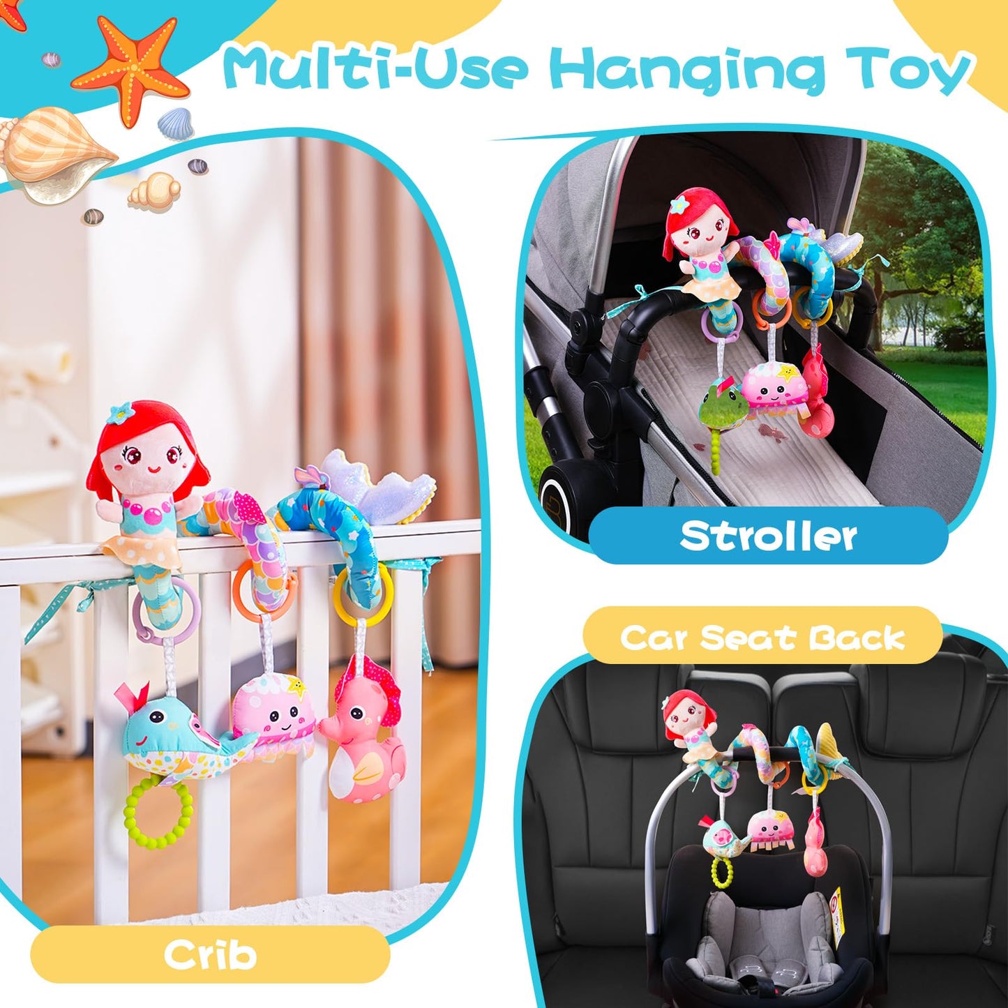 Koty Carseat Toys Hanging, Blue Mermaid Stroller Toys For Babies 0-6 Months, Baby Car Seat Toy With Crinkle, Teether, Music Box,