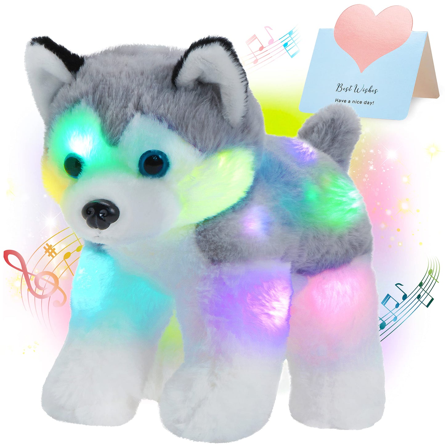 Bstaofy 12’’ Musical Light Up Husky Puppy Stuffed Animal Realistic Led Singing Dog Soft Plush Toy With Night Lights Lullaby Glow In The Dark Birthday For Toddler Kids