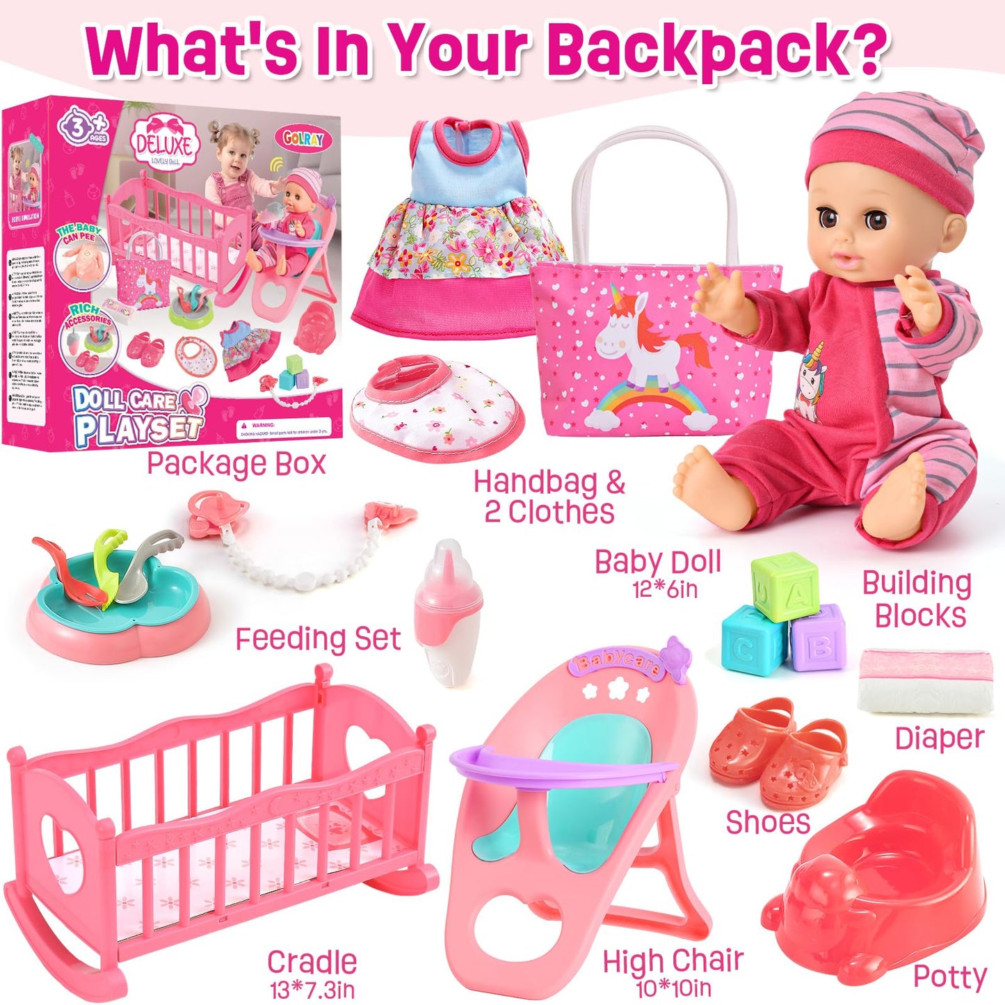 Golray 12In Girl Baby Doll Crib And High Chair Set - Sound&Pee Interactive Baby Doll With 20Pcs Accessories Diaper Bag/Cradle/2 Clothes, Feeding Nursery Pretend Play Toddler Girl Toy Gift 3 4 5 6 Year