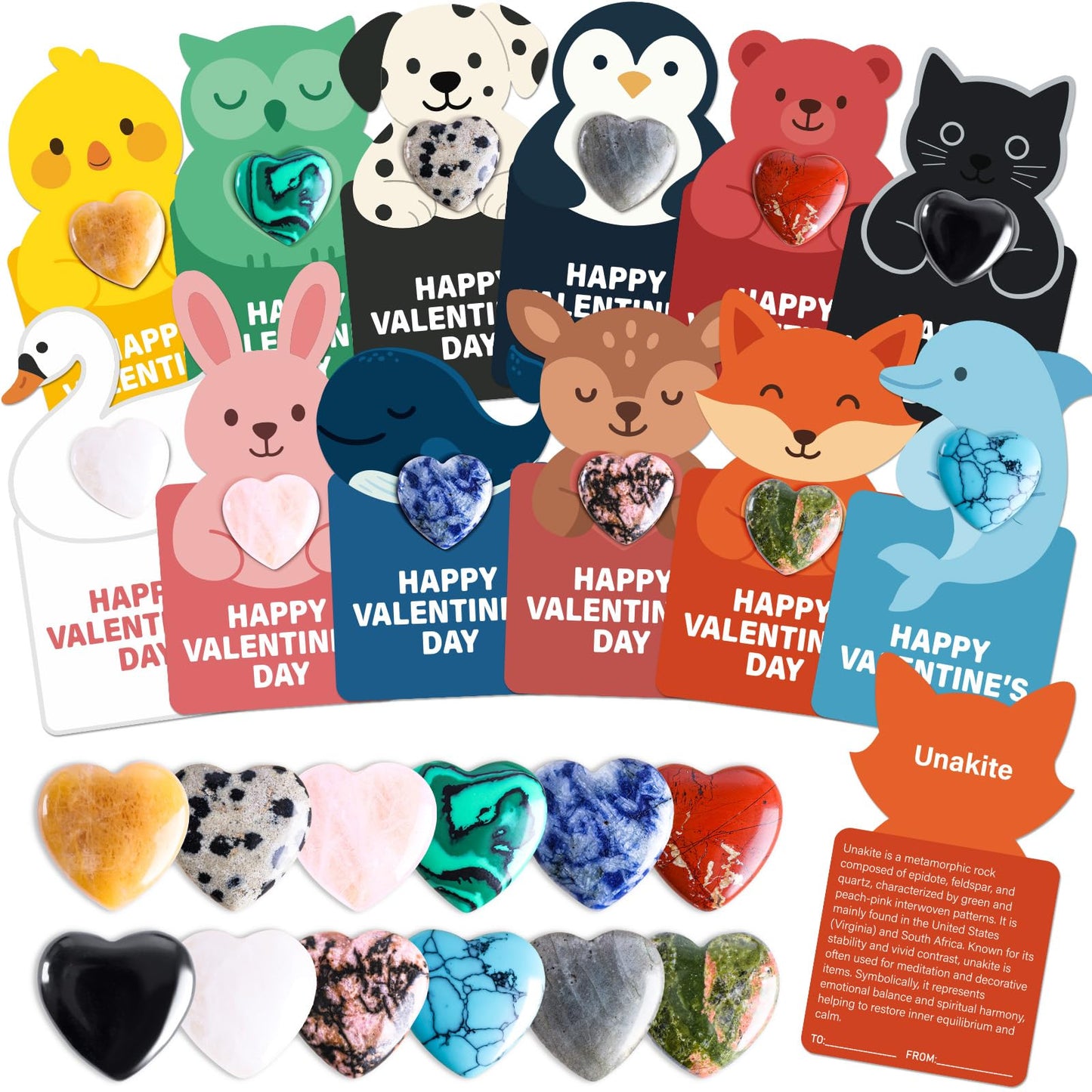 24 Pack Bulk Valentines Day Gifts for Kids, Gem Valentines Day Cards, Heart Shaped Valentine Gemstones Crystal Rocks for School