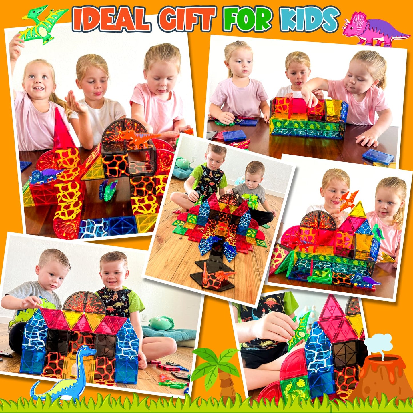 Dinosaur Toys Magnetic Tiles Lava Dinosaur World Set - Kids Games For 3+ Year Old Boys & Girls, Magnetic Blocks For Kids Ages 3-4 5-7 8-13 Stem Preschool Learning Montessori Toddler Toys