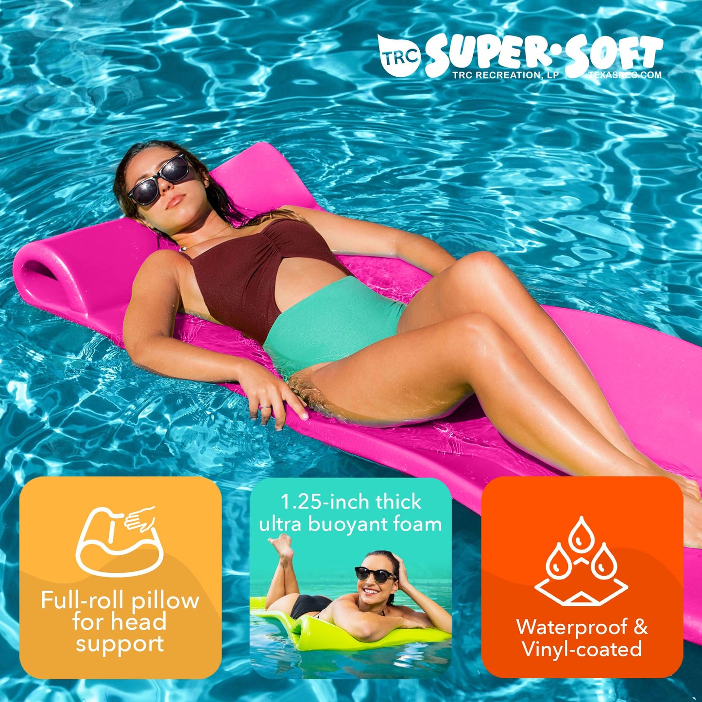 TRC Recreation Splash 1.25 Thick Foam Pool Float Lounger w/ Headrest for Lounging & Sunbathing in Swimming Pools Beaches & Lakes 70 x 26