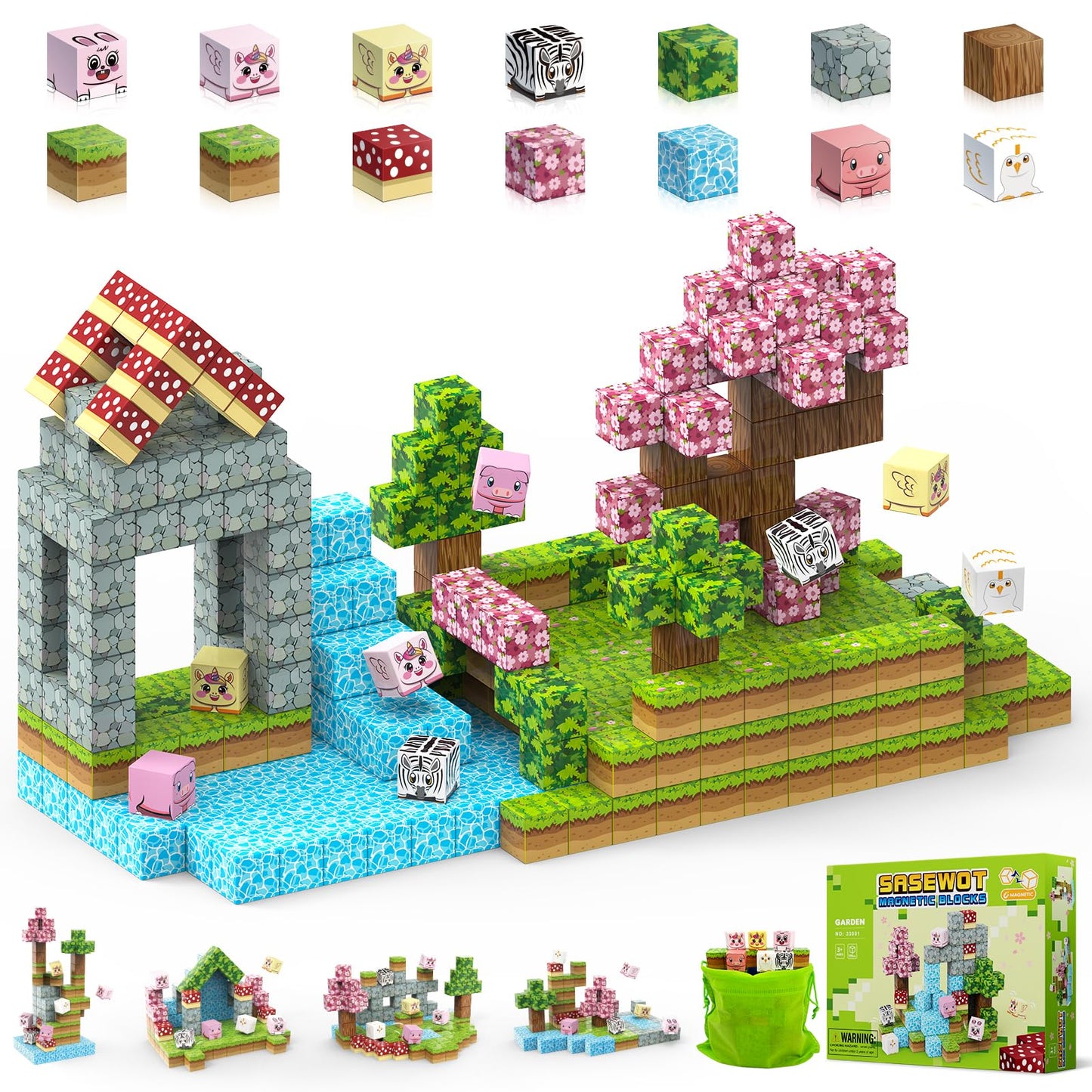 Magnetic Blocks Building Toys,108Pcs Magnetic Building Blocks,Magnets Cubes Garden Set,Toddler Stem Sensory Construction Toys 3