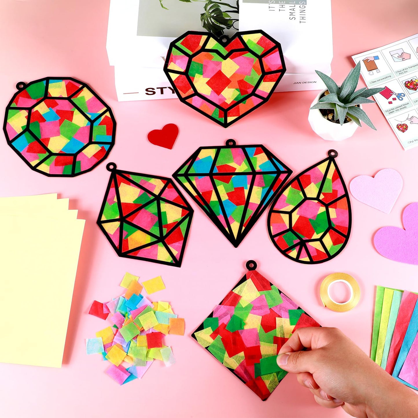 Qyeahkj 36 Set Jewel Suncatchers Crafts for Kids DIY Diamond Window Tissue Paper Craft Kit Jewel Hanging Decor for Summer School