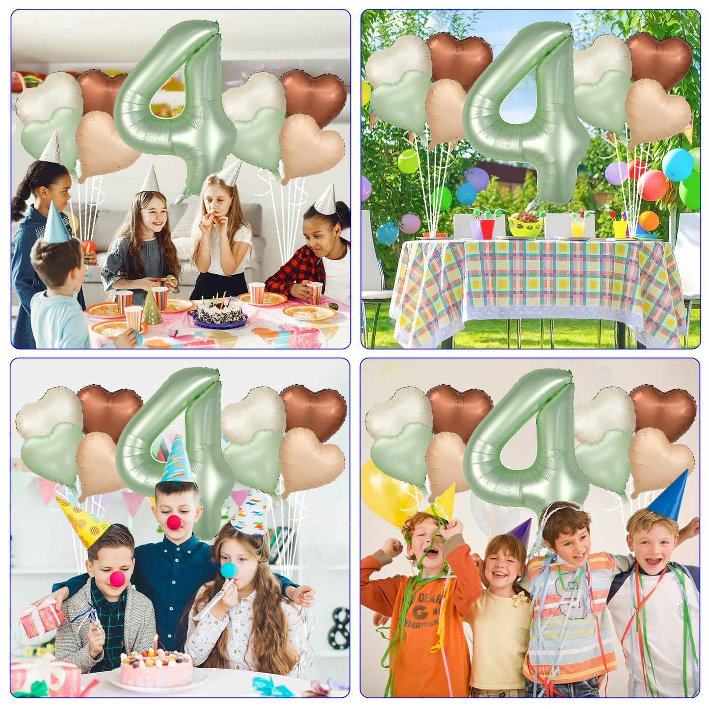 Biapian 40 Inch Sage Green Number 4 Balloons, Large 4Th Birthday Balloons With 18'' Foil Cream Brown Heart Balloon For 4Th Year