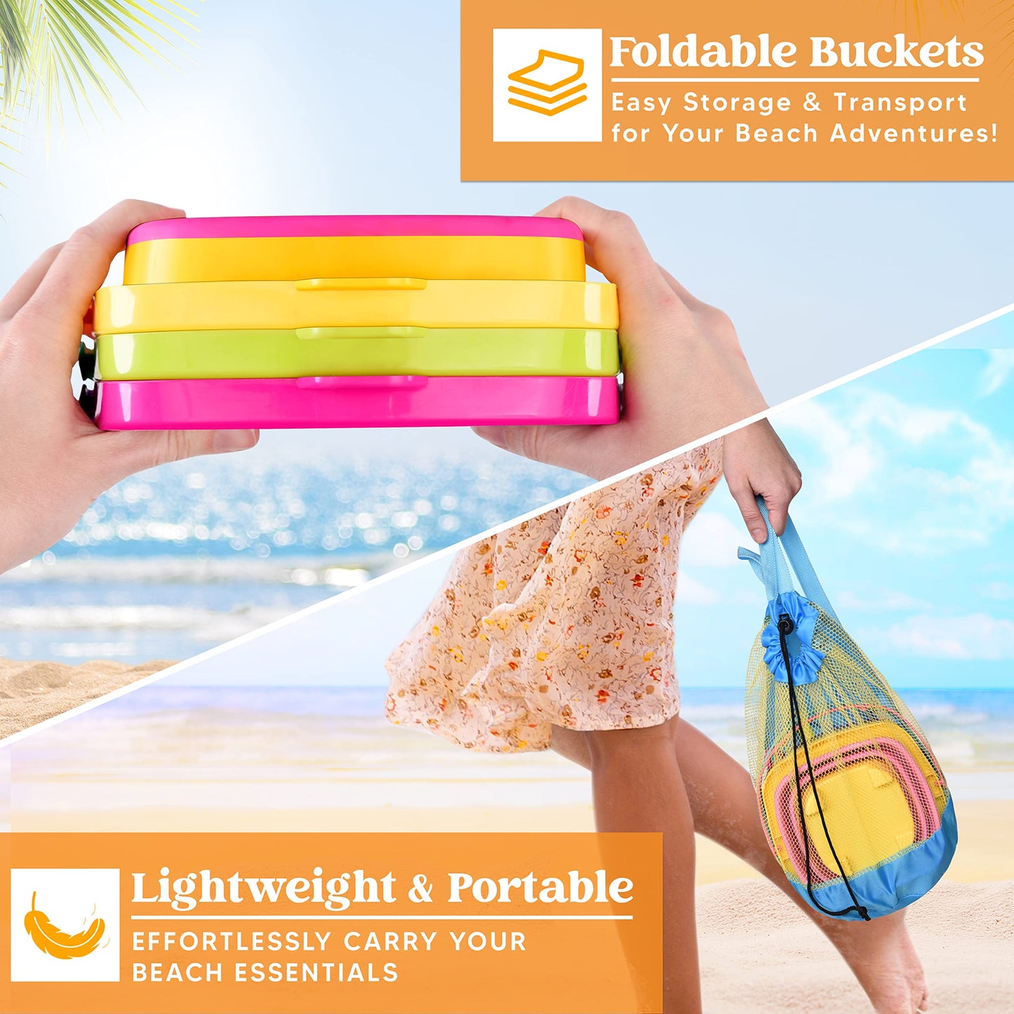 Sloosh 3 Packs Foldable Bucket - Collapsible Bucket with Sand Shovels and Mesh Backpack for Kids Toddlers Beach Toys, Easter Egg