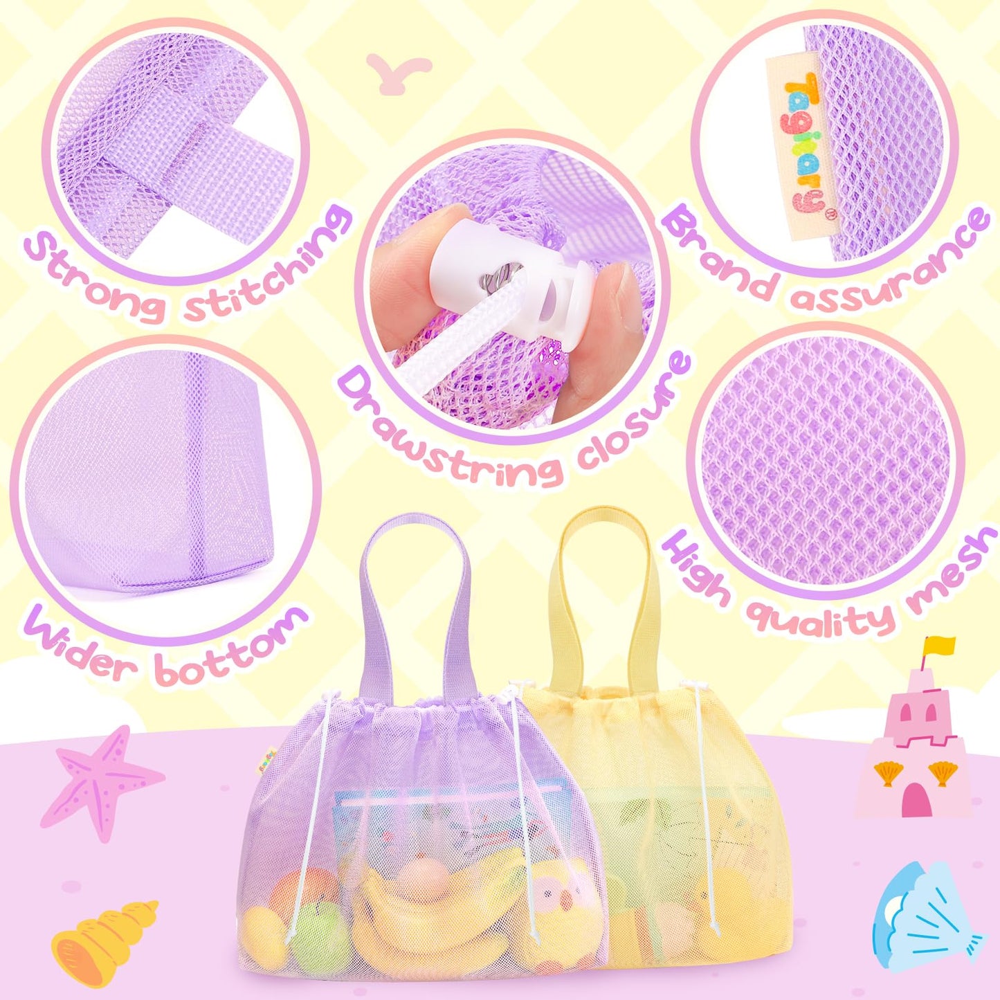 Tagitary Beach Toys Kids Beach Bag Tote with Drawstring,Yellow Purple Mesh Bag Travel Beach Essentials for Kids Swim Pool Gym Ba