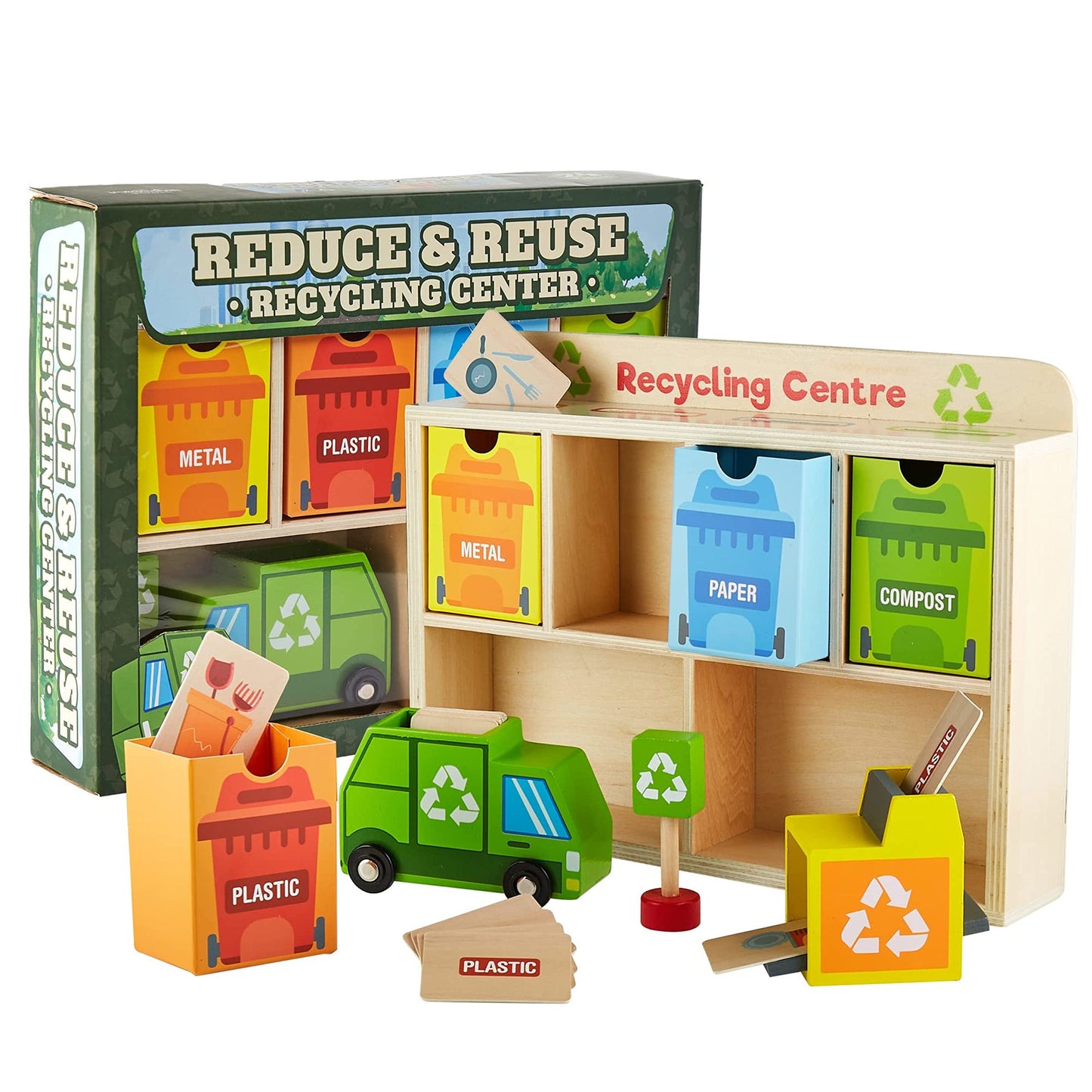 Reduce & Reuse Recycling Center Playset | Wooden Green Garbage Truck Toy, Sorting Bins, and Accessories | Safe, Natural Material