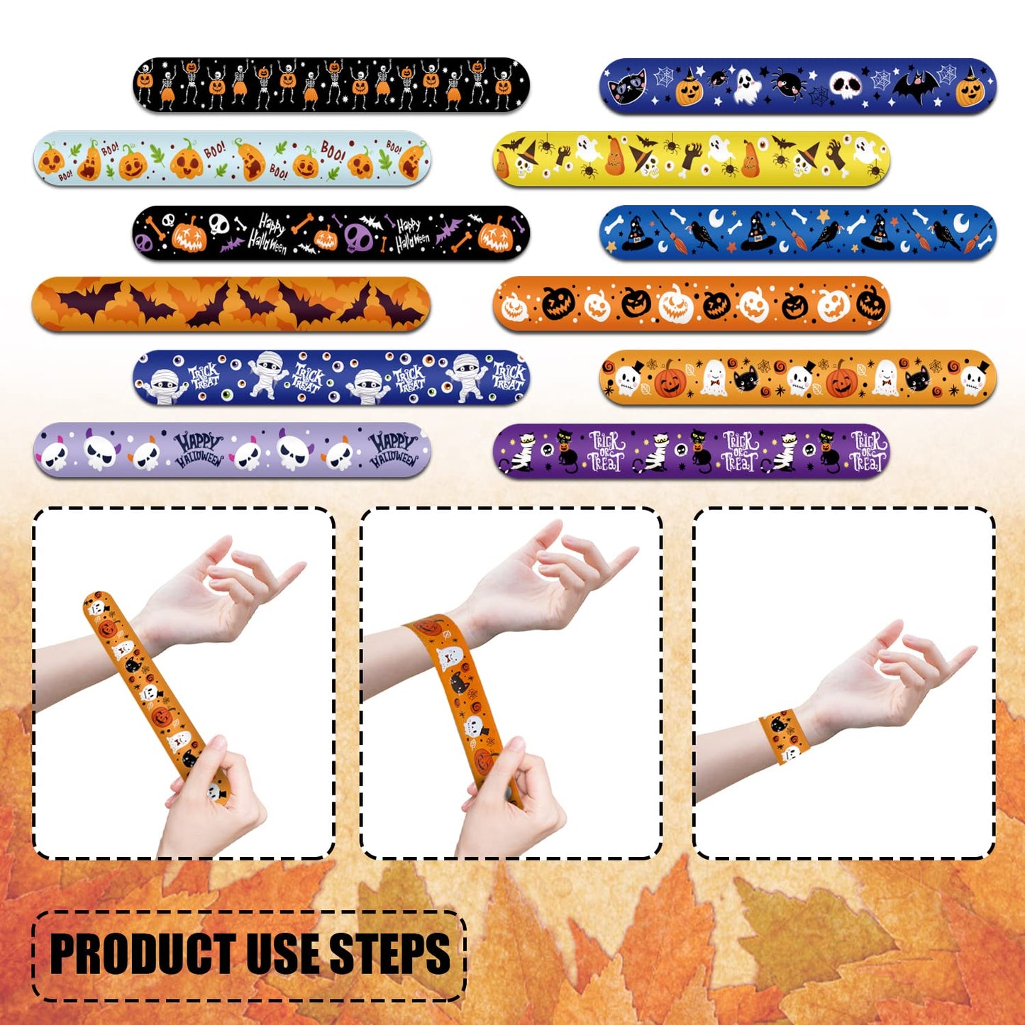 KIMOBER 48PCS Halloween Slap Bracelets,Assorted Snap Wristbands with Pumpkin Witches Ghost Skeleton for Kids Party Favors