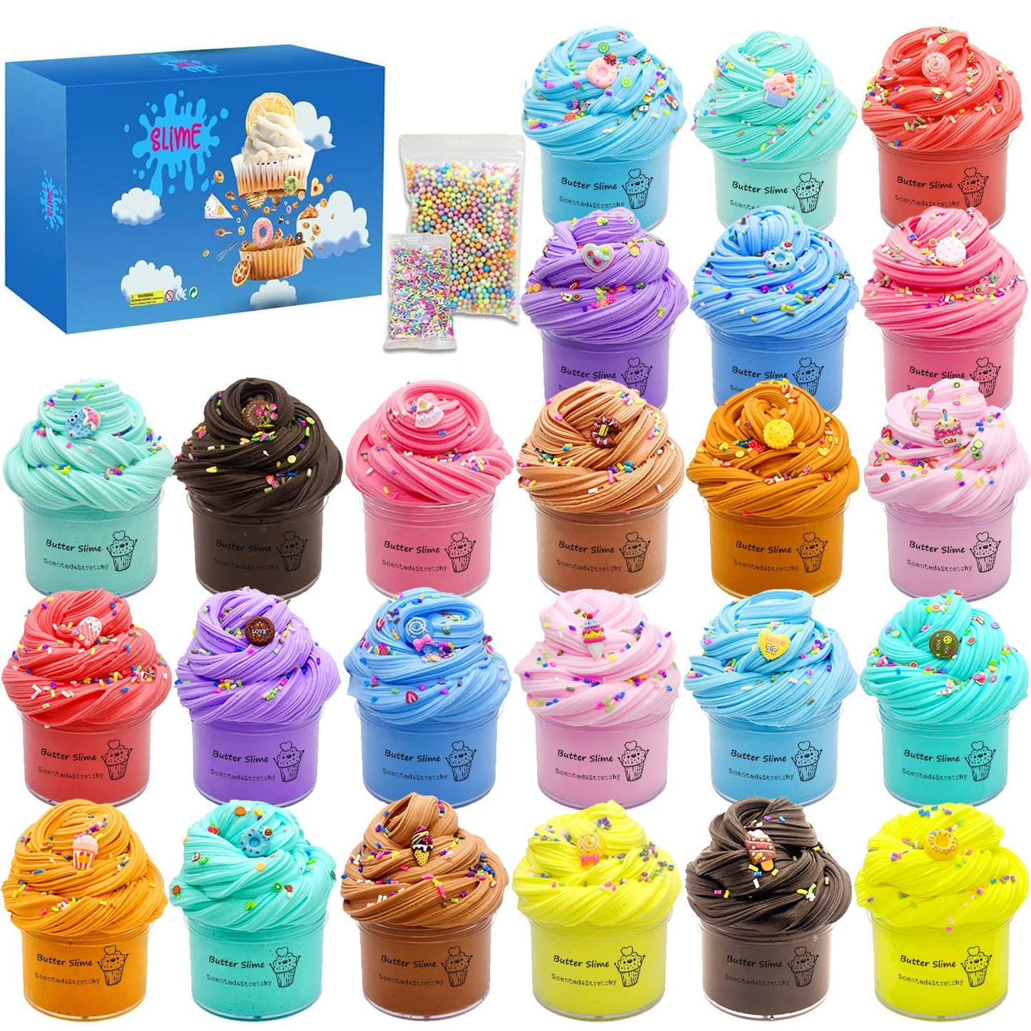 24 Pack Slime Kit, Butter Slime, Macaroon Colors Cake Donut And Fruit Party Favors Slime, Stretchy And Non-Sticky, Stress Relief Toy For Kids Partys