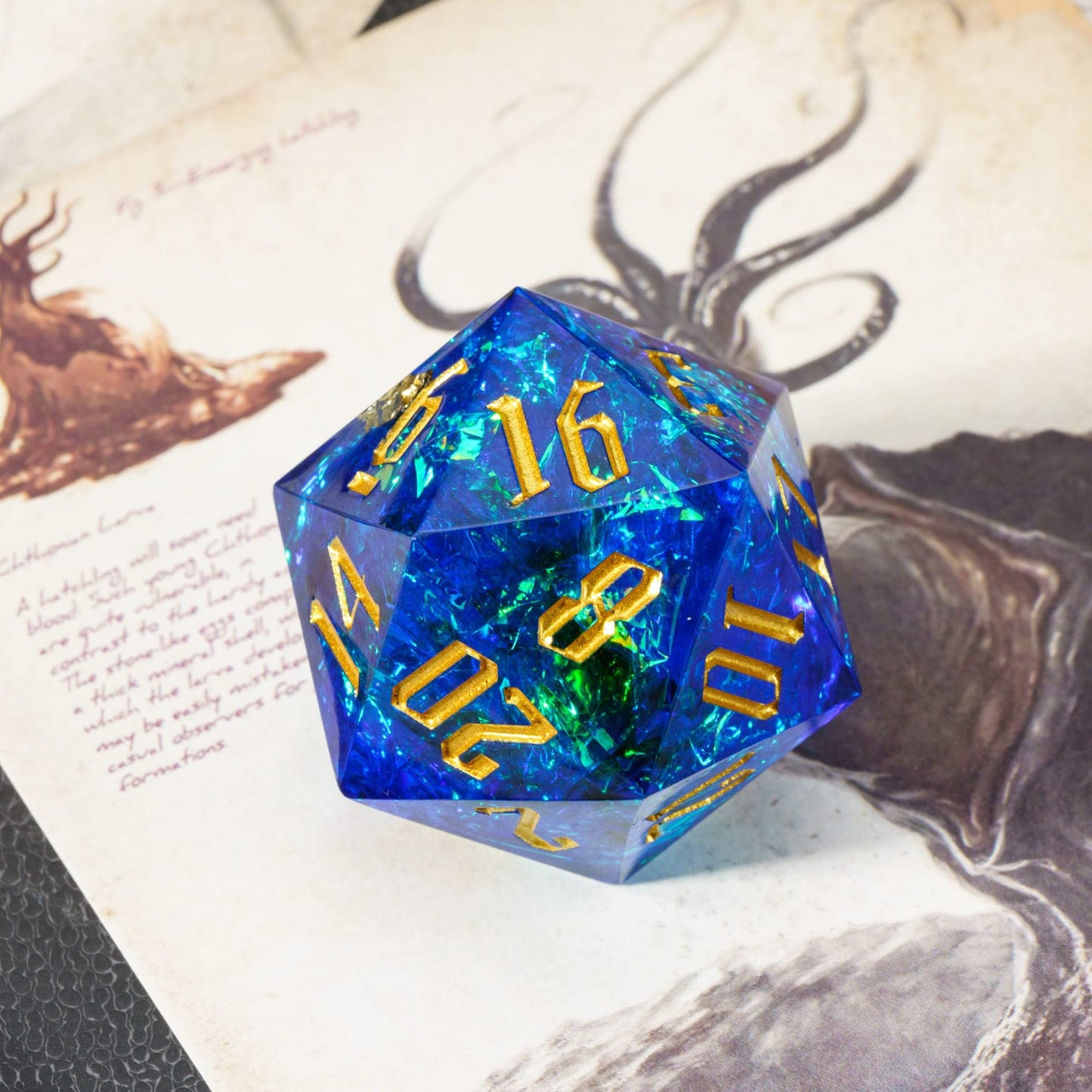 Cusdie Single D20 DND Dice with Sharp Edges and Glitter Foil Inclusions, 20 Sided D&D Dice, 33mm Handcrafted Polyhedral Dice, fo