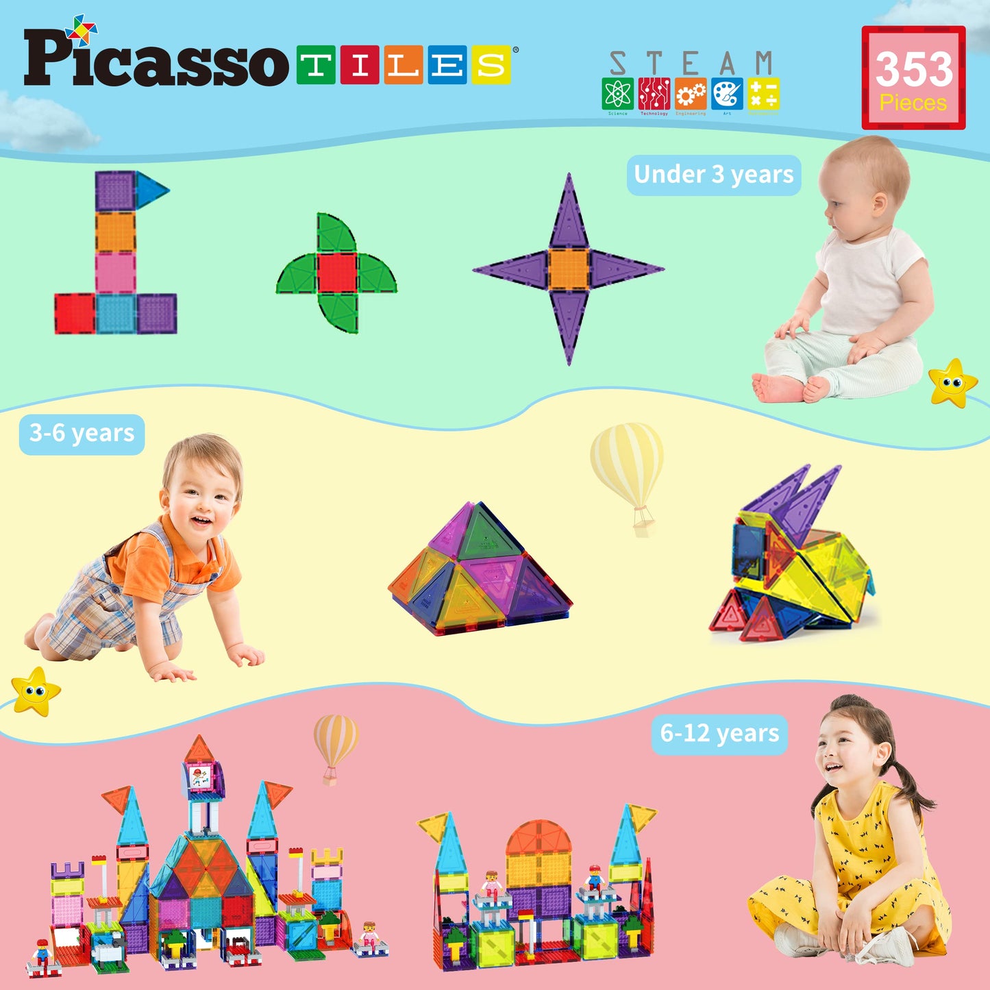 Picassotiles 353Pcsmagnetic Brick Tile And Magnetic Tile Combo Set, Action Figures Included, Building Blocks Stem Toys, Educatio