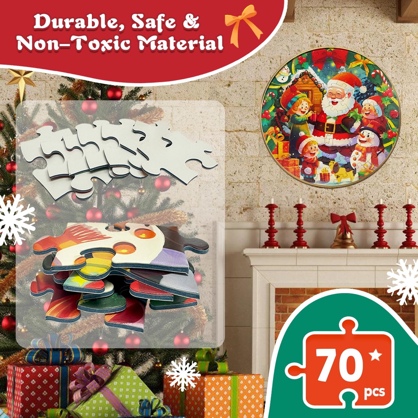 Talgic 70 Piece Christmas Puzzle With Santa Claus & Snowman, Large Round Floor Puzzles For Kids Ages 4-8, 3-5 And Up, Holiday And Christmas Jigsaw Puzzles, Wonderful Kids Puzzles Gift For Christmas