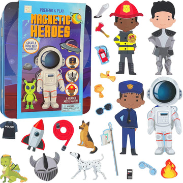Hapinest Magnetic Heroes Pretend and Play Travel Playset Toy for Boys Ages 4 Years and Up, Fireman, Policeman, Knight, Astronaut