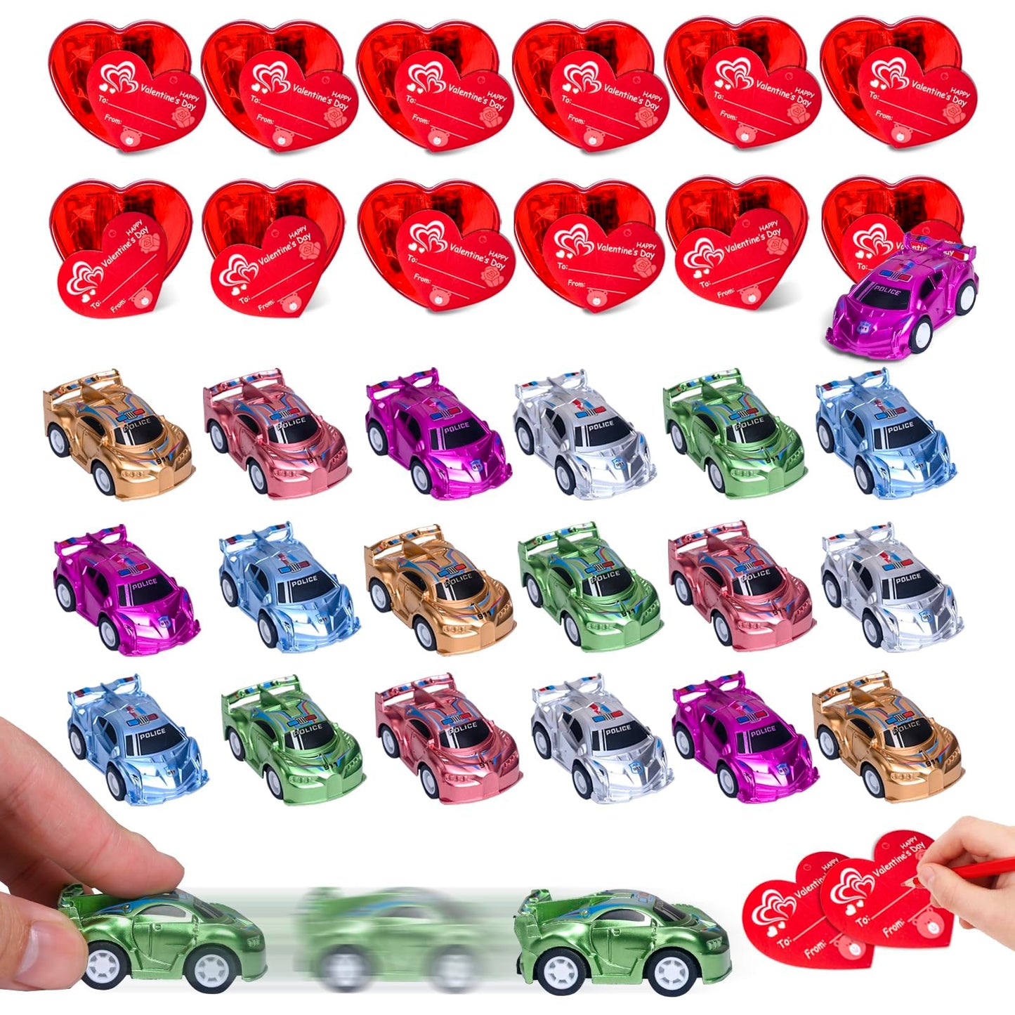 Bupelo Valentines Day Cards with 24 Pack Pull-Back Racing Car Games Toys Red Heart Prefilled Cars Party Favors for Kids School S
