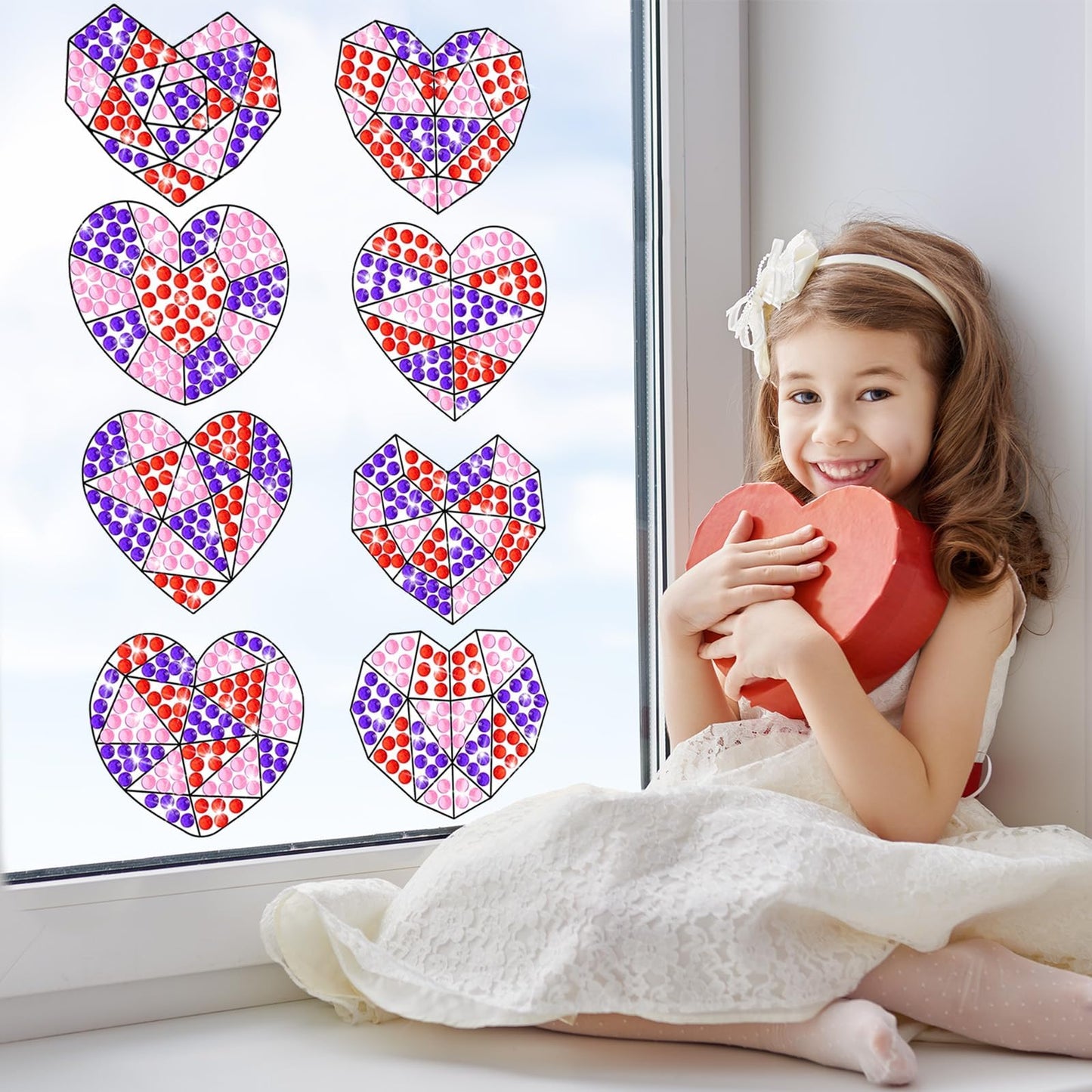 Qyeahkj 8 Pcs Valentines Day Arts Crafts Kit DIY Heart Gems Diamond Suncatcher Crafts for Kids Valentines Gemstones Painting Gi