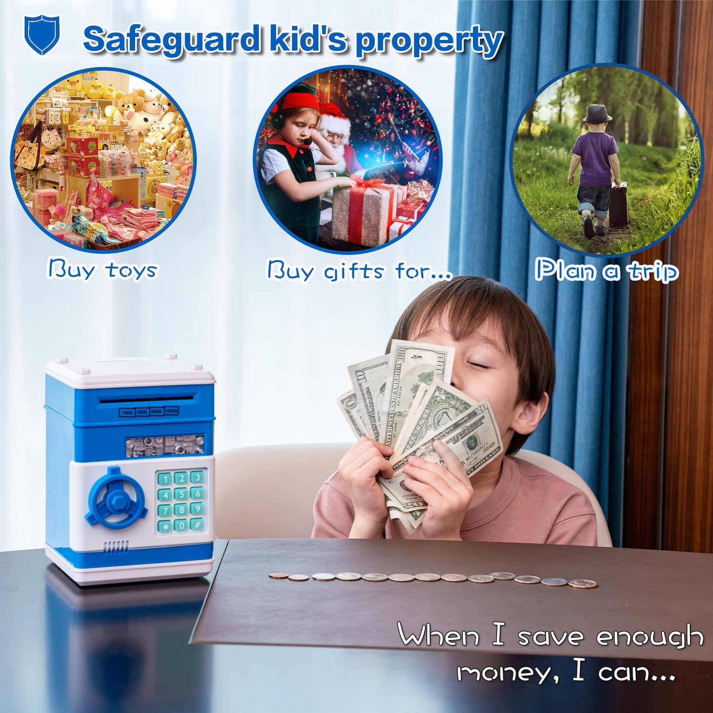 EVTHSU Blue Electronic ATM Safe Piggy Bank for Kids - Real Money Savings Coin Bank with Code Lock & Password, Gift Money Box for