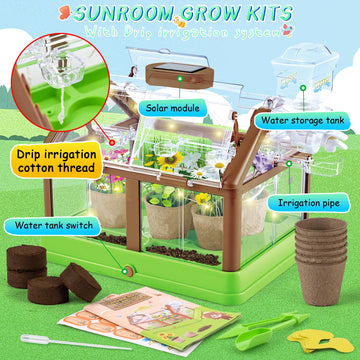 Duyoyu Kids Plant Growing Kit - Kids Greenhouse & Flower Growing Kit With Upgraded Irrigation & Grow Light – Perfect Gardening For Kids(Solar Green)
