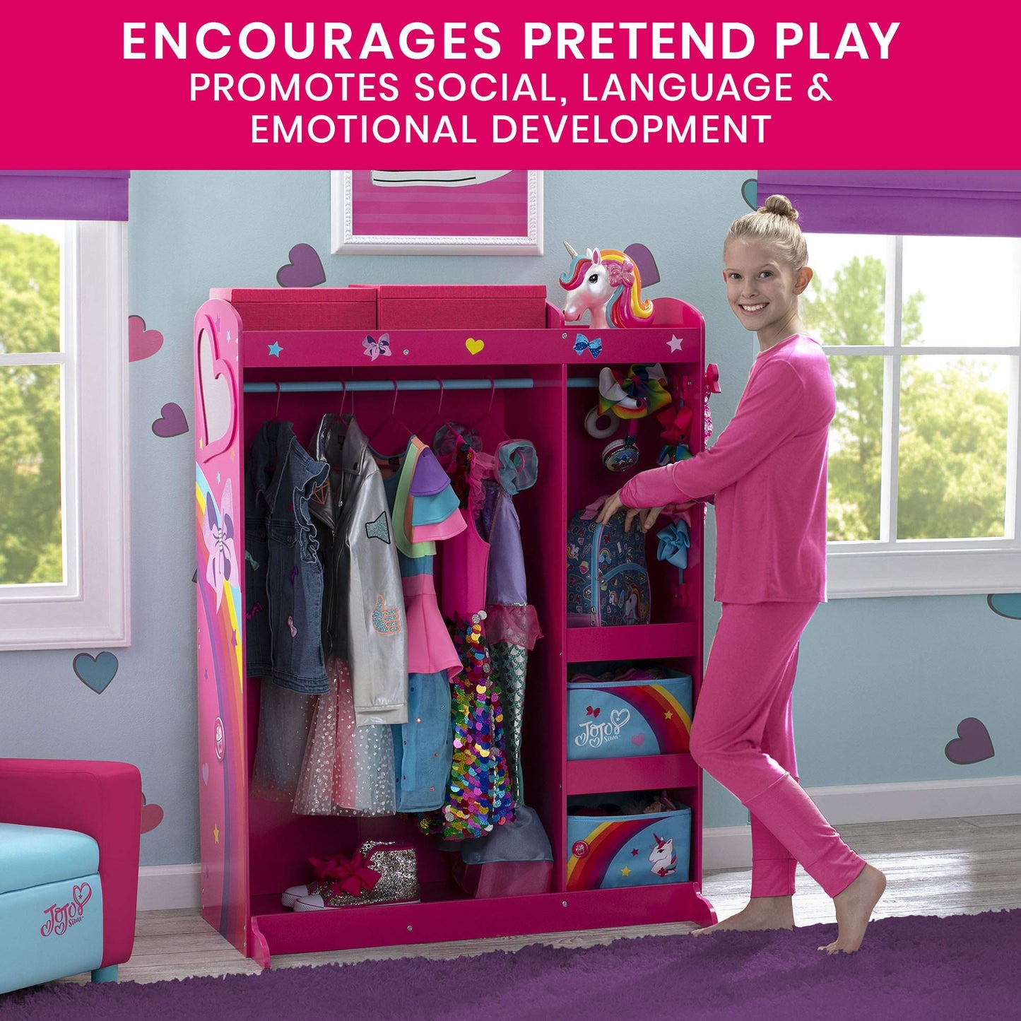 Jojo Siwa Dress And Play Boutique By Delta Children - Pretend Play Costume Storage Wardrobe For Kids With Mirror & Shelves