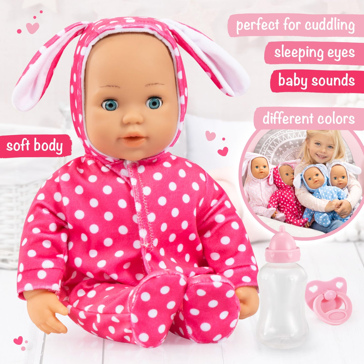 Bayer: Anna First Words Baby Doll - 15 Bunny Pink & White Polka Dot Onesie - Speaks & Open/Closes Eyes, Pacifier & Bottle