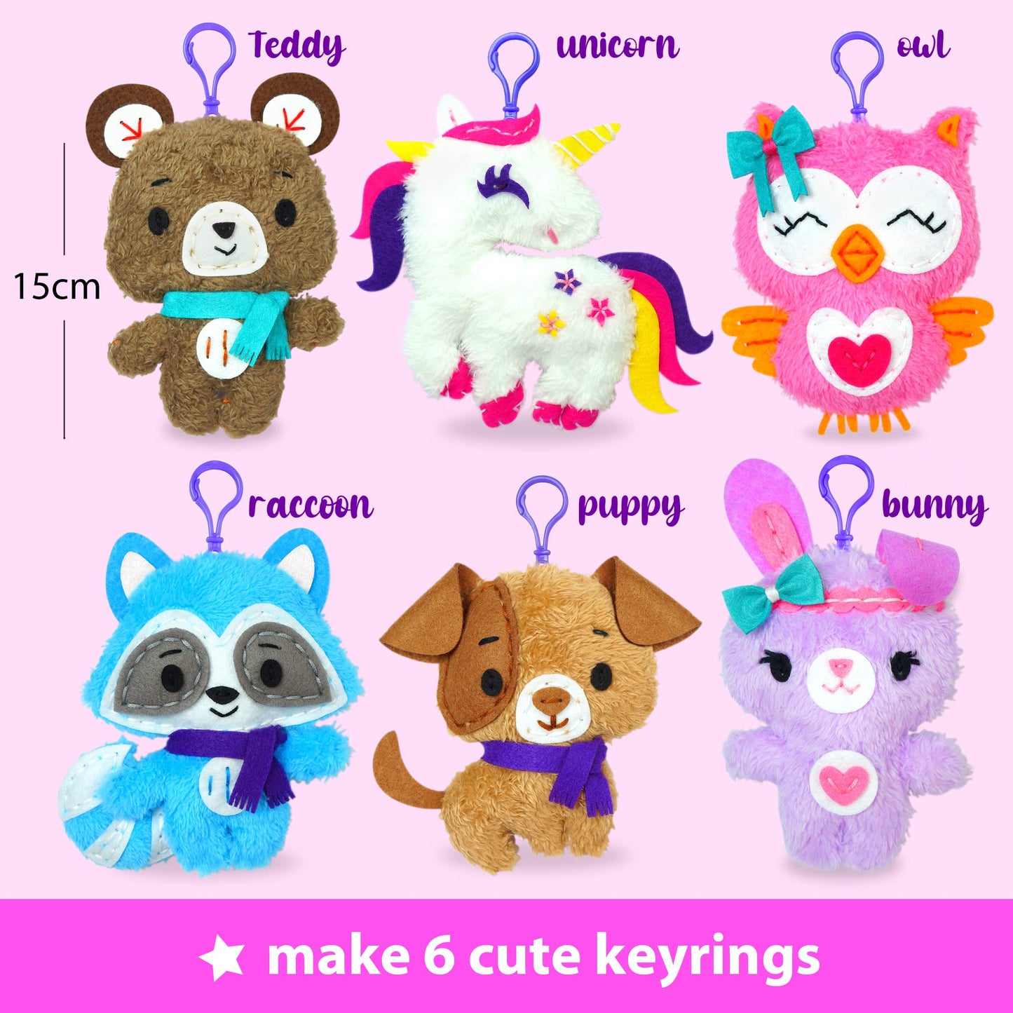 KRAFUN Unicorn Sewing Keyring Kit for Kids Age 7 8 9 10 11 12 Learn Art & Craft, Includes 6 Stuffed Animal Bear, Dog, Rabbit, Ra