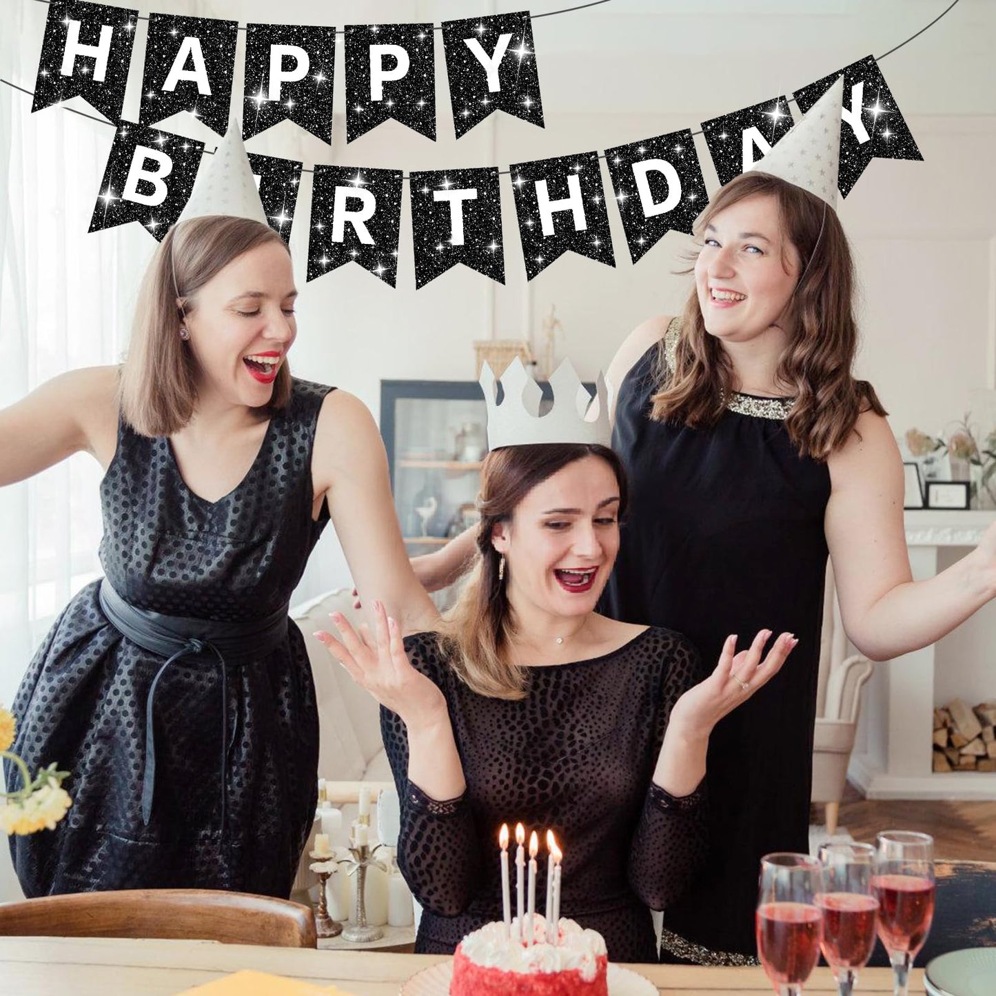 Hooqict Glitter Black Happy Birthday Banner Sign For Backdrop Black Birthday Decorations For Men Women Party Supplies Wall Door Banner Garland Bunting Flag