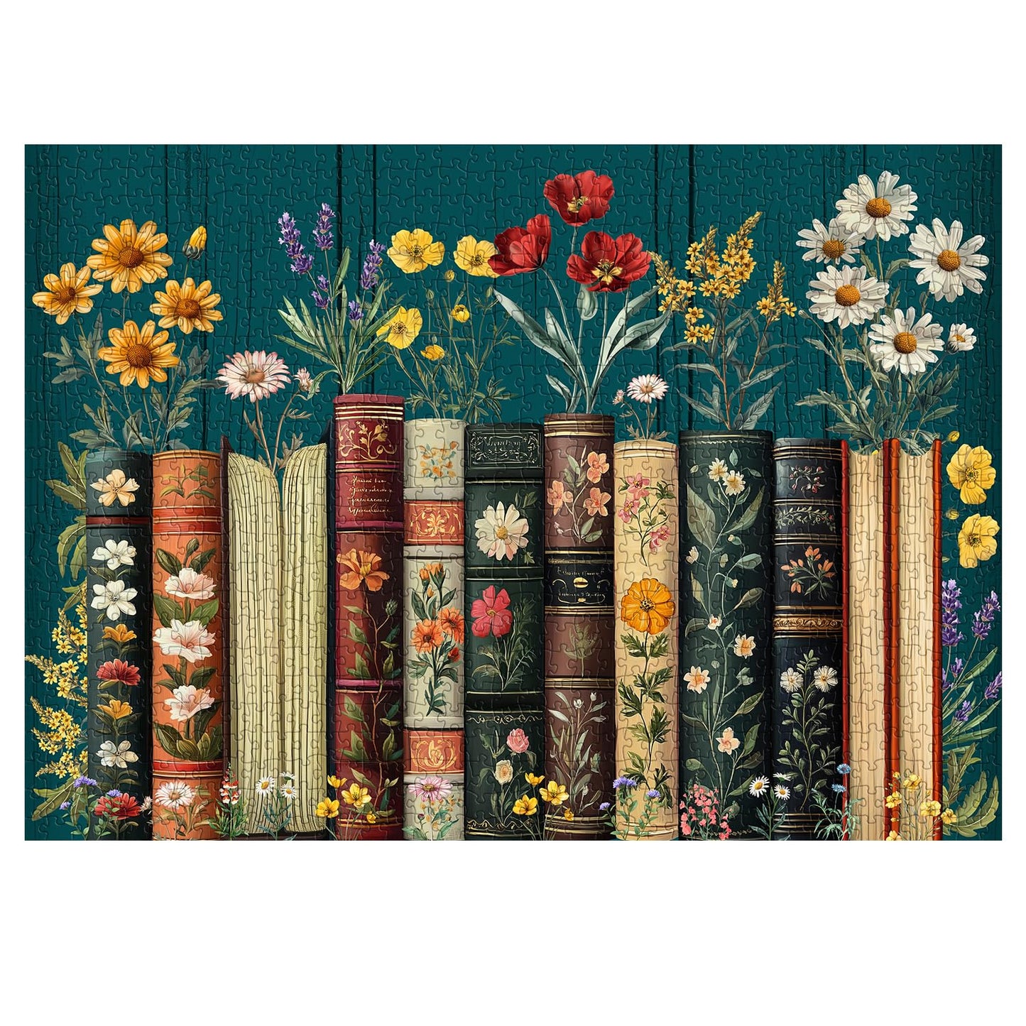 Vintage Wildflower Book Puzzles For Adults 1000 Pieces, Plant Floral Book Pages Jigsaw Puzzle, Retro Bookshelf Puzzle With Bloss