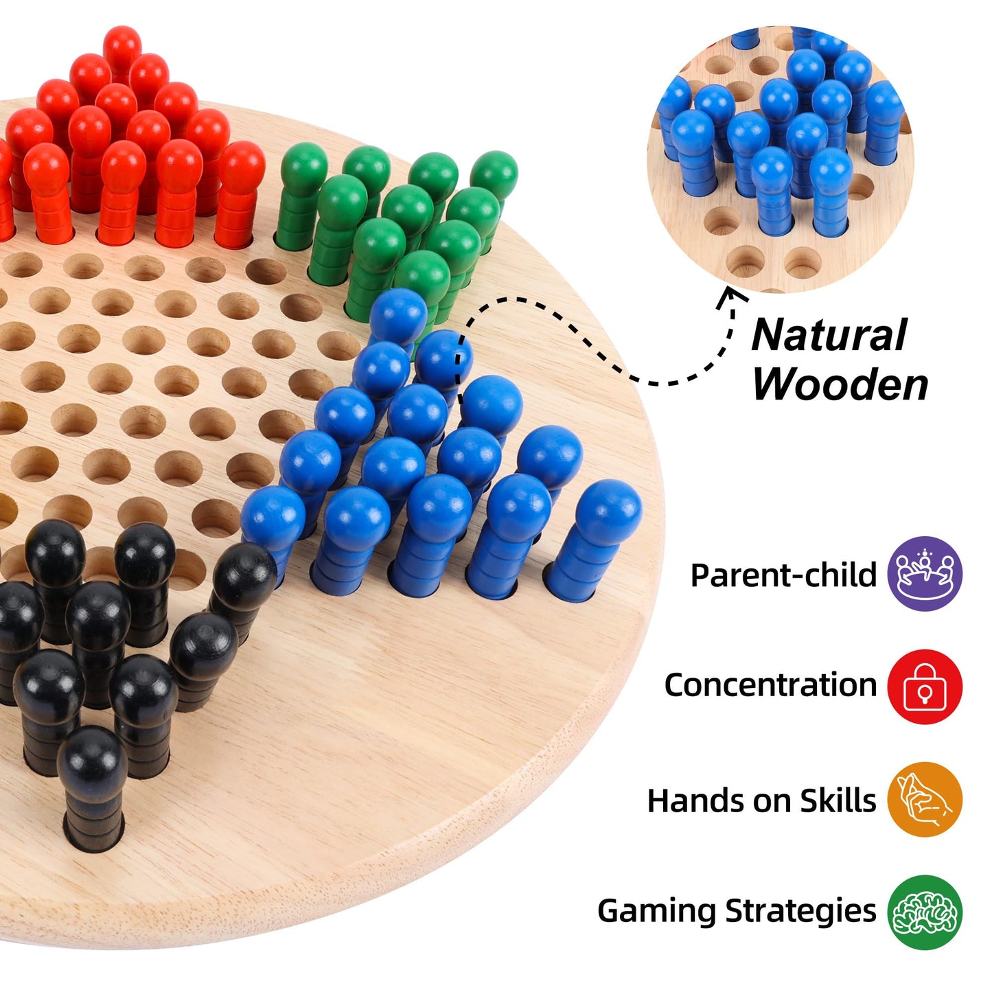 Offelec 15 Wooden Chinese Checkers Board Game – 75 Color Pegs, 2-6 Players, Classic Strategy Fun for Kids & Adults
