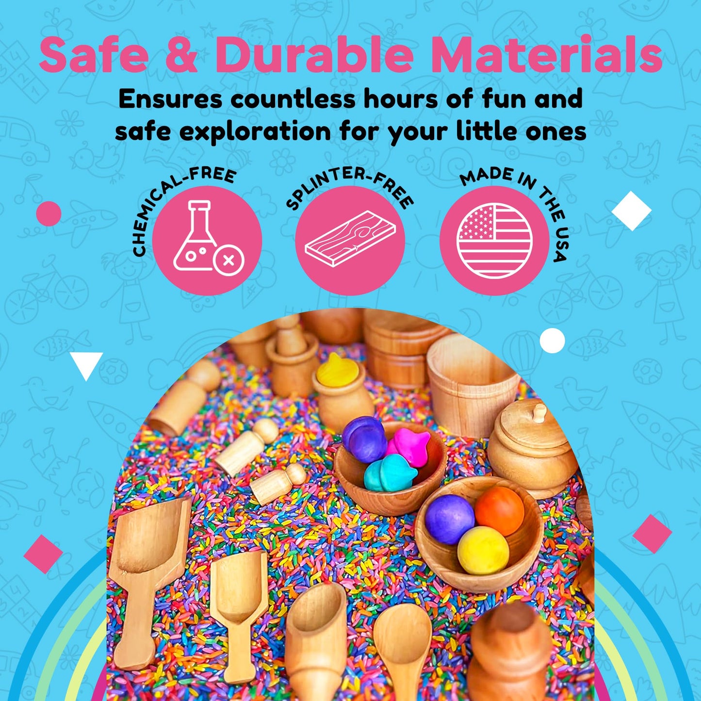 Sensory-N-Stuff - Rainbow Rice And Sensory Bin Tools (30 Pieces), Wooden Sensory Bin Tools And Scoops With Chemical-Free And Foo