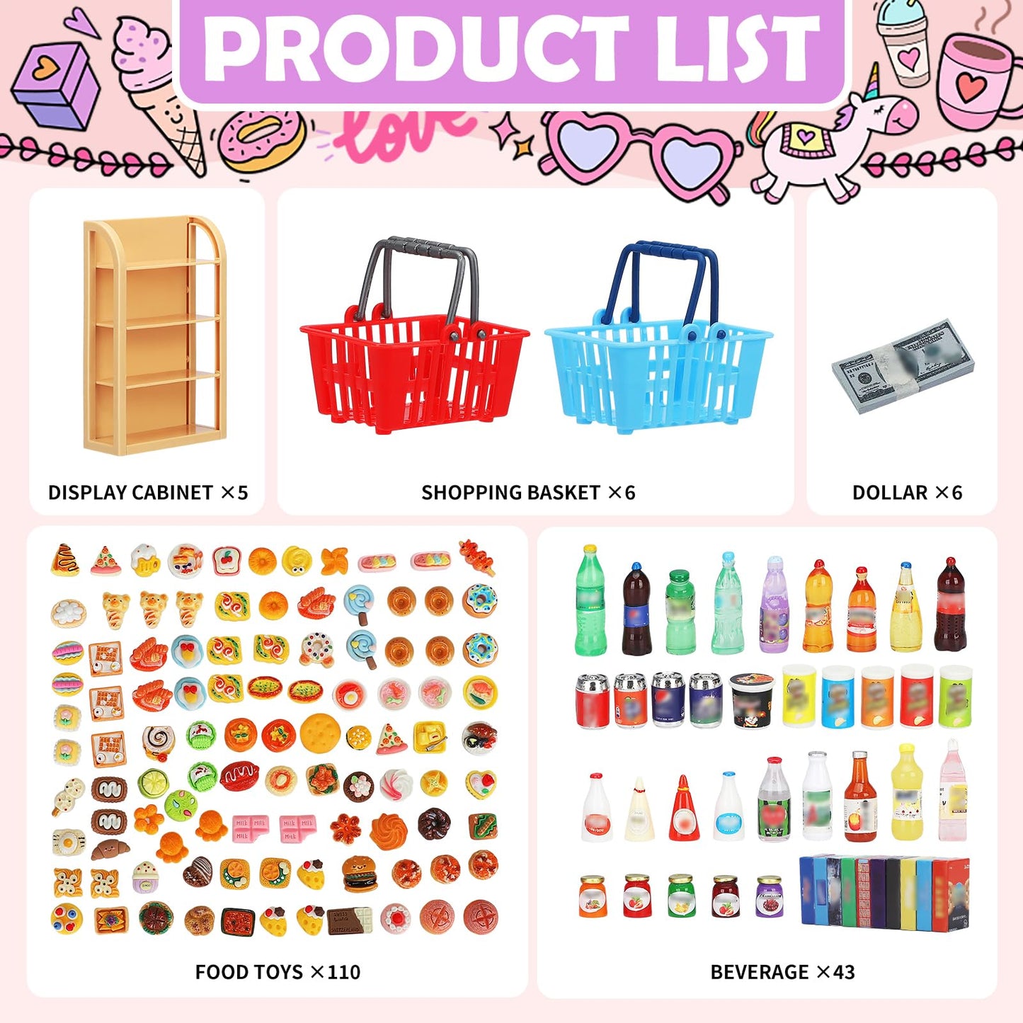 170Pcs Miniature Supermarket Shelves Furniture Model Doll House Store Storage Bookshelf Accessories 4 Layers Shelf Display Rack