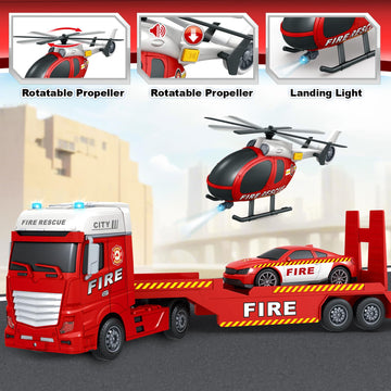SpringFlower Truck Toddler Boy Toys, 25'' Large Fire Truck Toy with Racing Car and Helicopter,3 in 1 Lights Sounds Fire Truck Bo