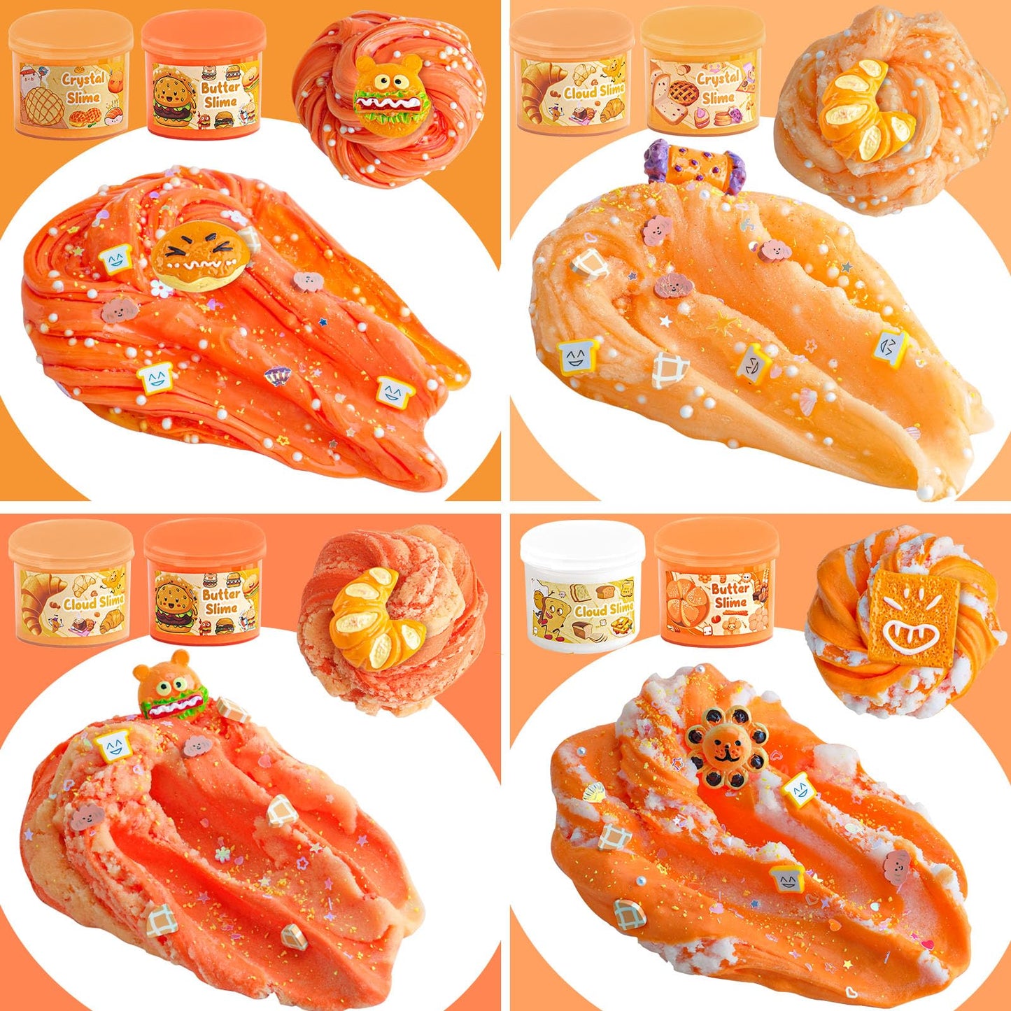 6 Packs Gradient Orange Slime Kit - Cloud Slime, Butter Slime & Clear Slime, Crunchy Slime For Kids With Various Slime Add-Ins, Non Stick Slime Party Favors For Girls And Boys, 360Ml Kids Slime(Bread)
