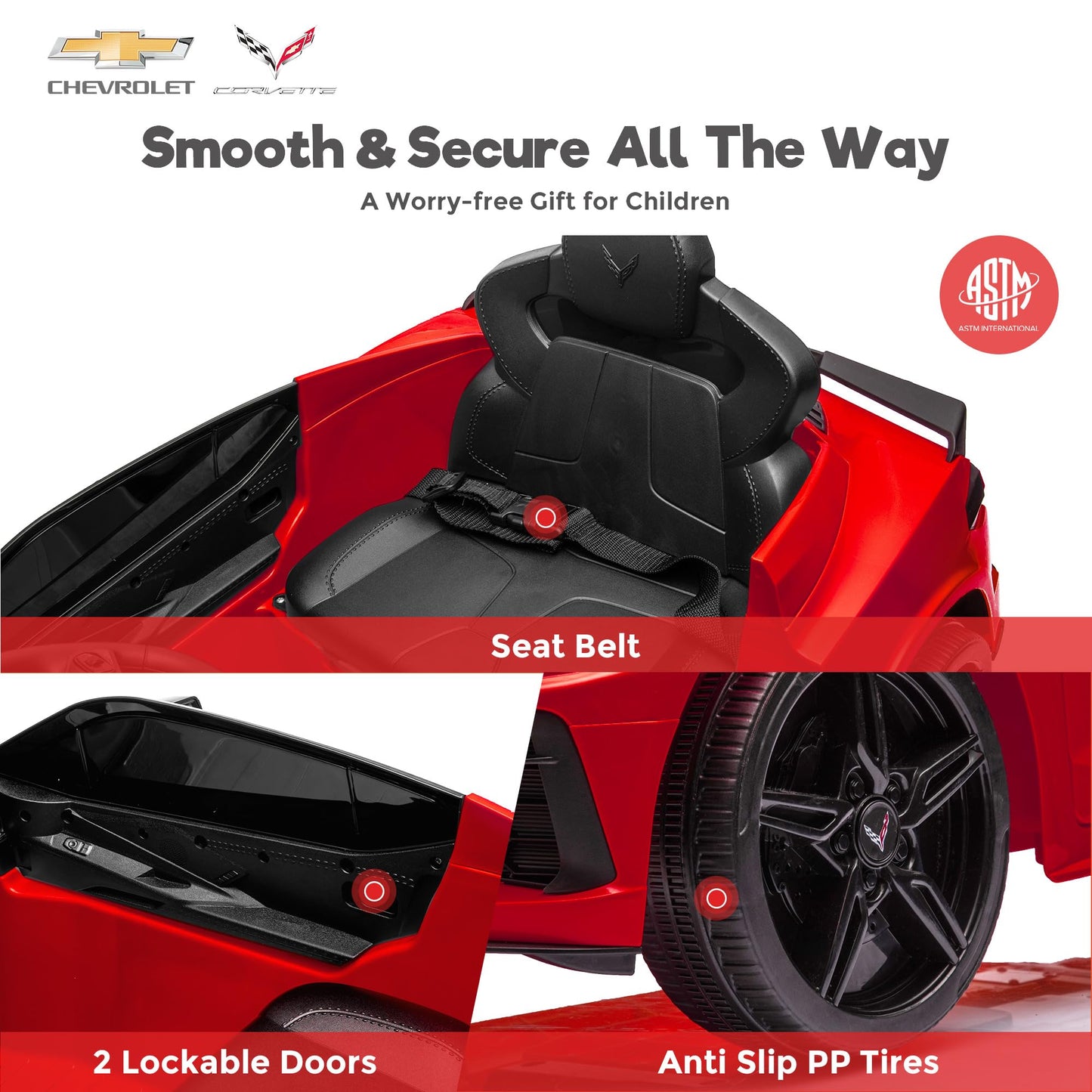Funtok Licensed Chevrolet Corvette C8 12V Ride On Car, Electric Car W/Remote Control, Led Lights, Shiny Dashboard, 3 Speeds Mode, Soft Start, Bluetooth Speaker, Battery Powered Cars For Kids To Drive