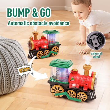 Electric Steam Train Toy For Toddlers 3-5,Bump And Go Truck W/Steam Locomotive,Smoke,Light & Sound, 360 Rotation Christmas Train