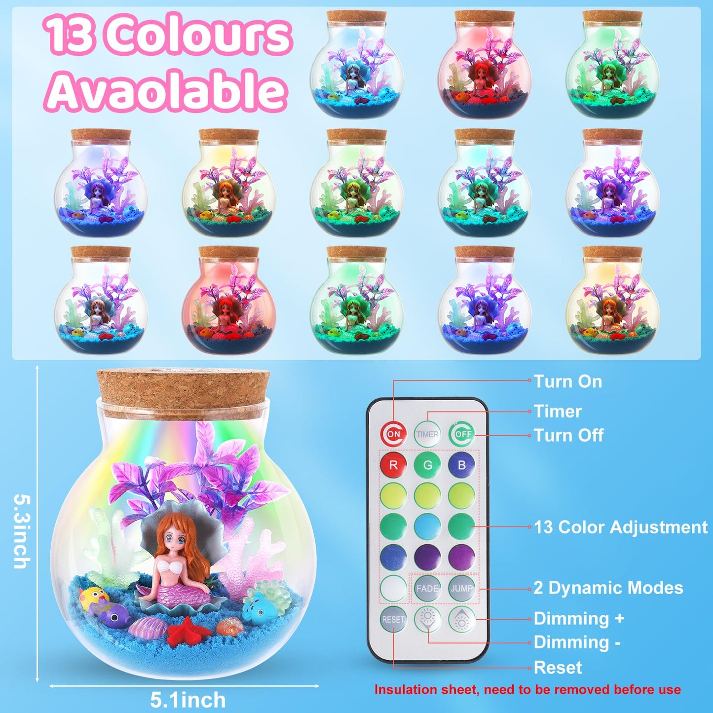 Kids Mermaid Terrarium Crafts Kit, Remote Control 13-In-1 Led Night Light Up Color, Mermaid Birthday Gifts Toys For Girls, Diy M