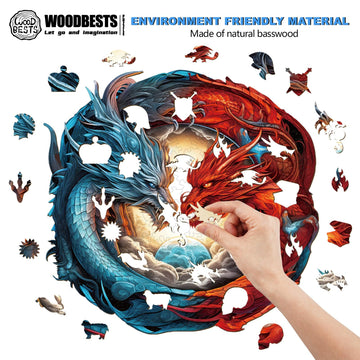 Woodbests Wooden Puzzle For Adults, Yin-Yang Dragon Puzzle (M, 200Pcs, 11.3'X10.9') Beautiful Wooden Box, Wooden Jigsaw Puzzles Unique Shape, Birthday Gifts For Adults And Kids Family Game