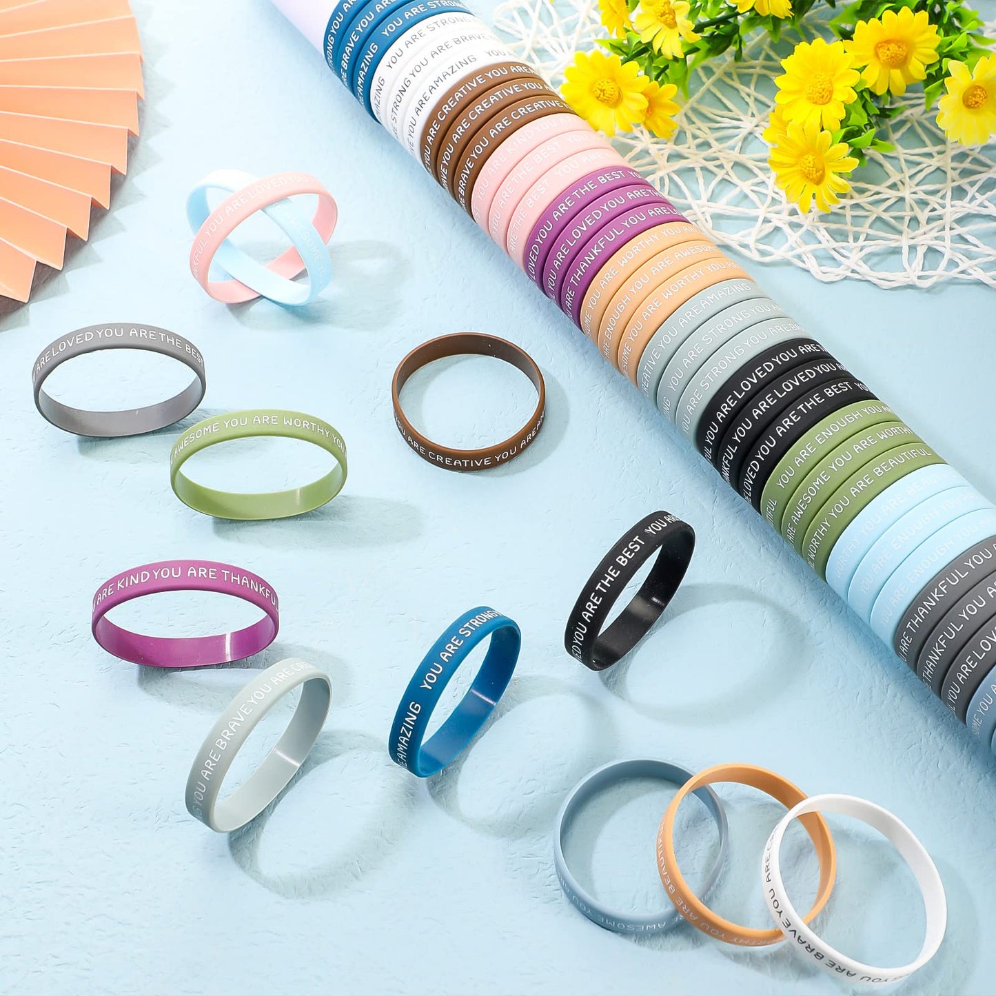 Roowest 120 Pcs Motivational Wristbands Bulk for Student Inspirational Rubber Bands Stretch Silicone Bracelet for Class from Tea