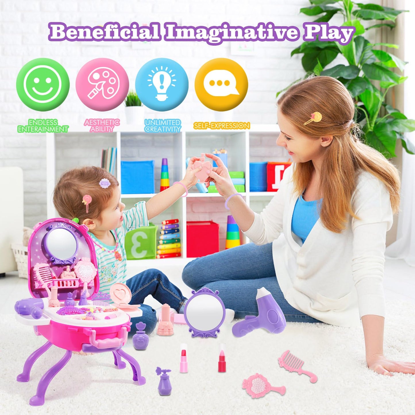 4 In 1 Girls Vanity Set - 40 Pcs Toddler Vanity With Fashion Accessories, Pretend Makeup For Toddlers 3-5, Play Makeup For Girls