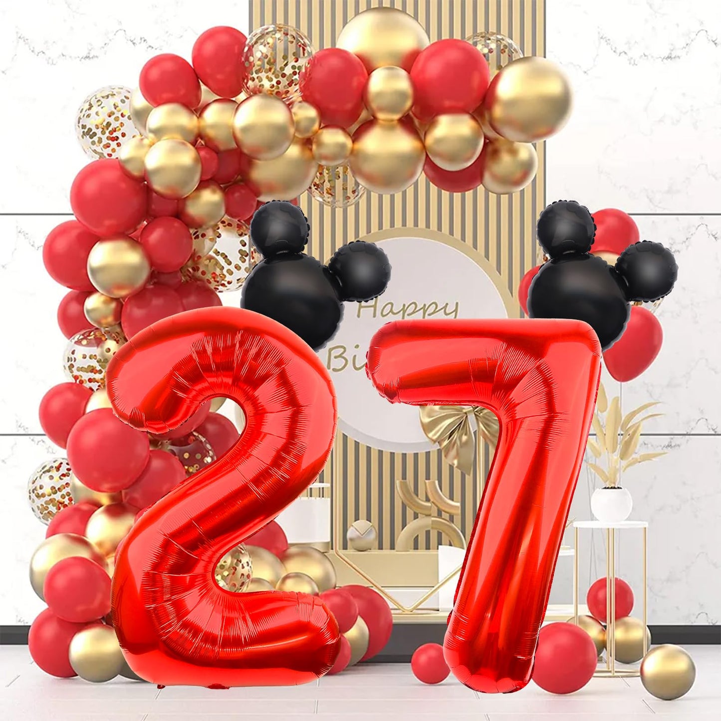 Lebery Mouse Number 7 Balloon 40 Inch Red Number 7 Balloon Mini Mouse Head Balloon For 7Th Birthday Party, Black Red Large Number 7 Foil Balloon For Baby Shower Anniversary Supplies Decorations