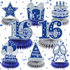 8Pcs Blue 16Th Birthday Decorations Navy Blue Silver Happy 16Th Birthday Table Honeycomb Centerpieces For Table Decor 16Th Birthday Table Topper For Boys Girls 16Th Birthday Anniversary Party Supplies