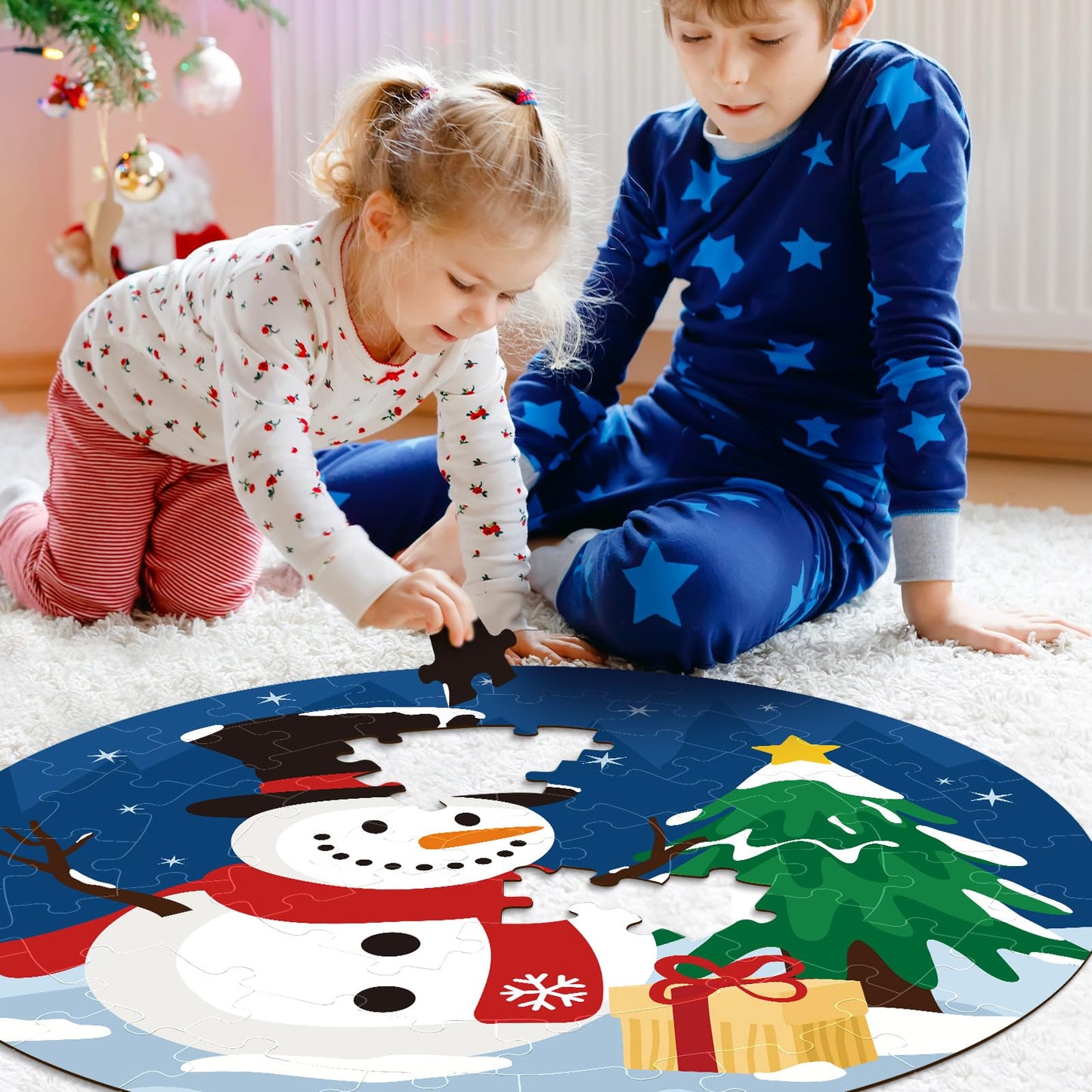 Ciyvolyeen Christmas Floor Puzzles For Kids Ages 3 4 5 6 7 8 Jigsaw Puzzles Penguin And Gingerbread Man Double Sided Large Round Puzzle Gifts Presents For Kids Children Toddler 22' 70 Pieces