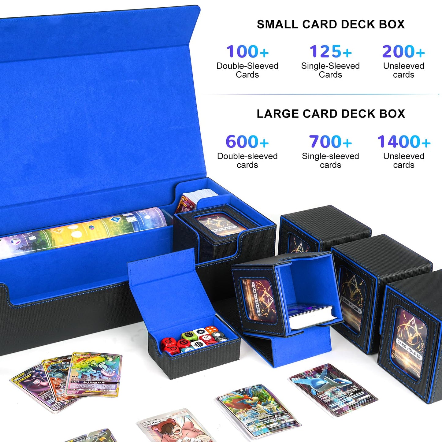 Jaffzora Card Deck Box for MTG Commander Large 6 in 1 Card Storage Display Case with 5PCS TCG Deck Boxes & Dice Tray Holds 2400+ Unsleeved Trading Cards (Black&Blue Set)