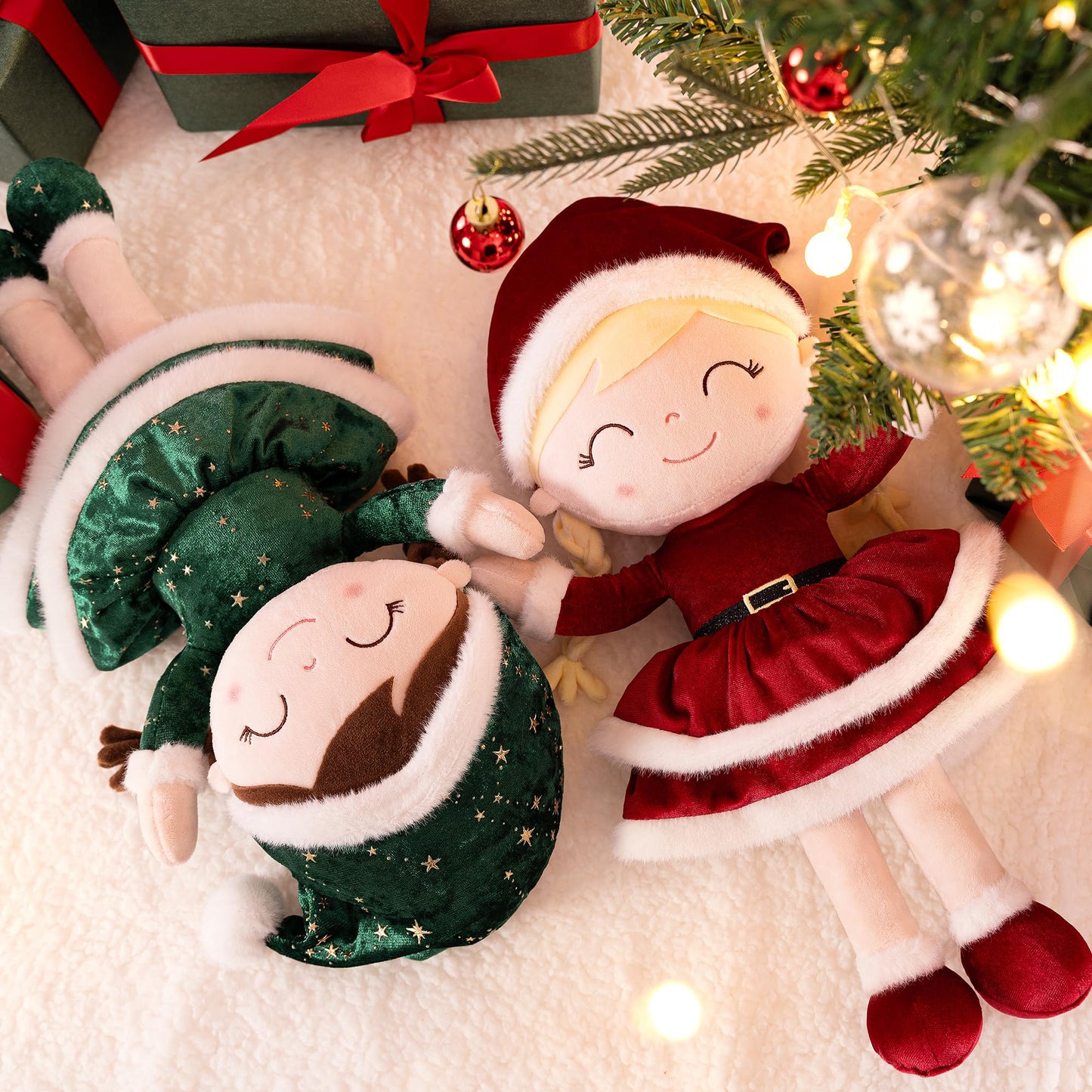 Gloveleya Soft Plush Doll Christmas Girl Dolls With Green Dress, Gift Box & Free Card - Perfect Holiday Or Birthday Gift For Toddlers 2-8 Ages, 16'