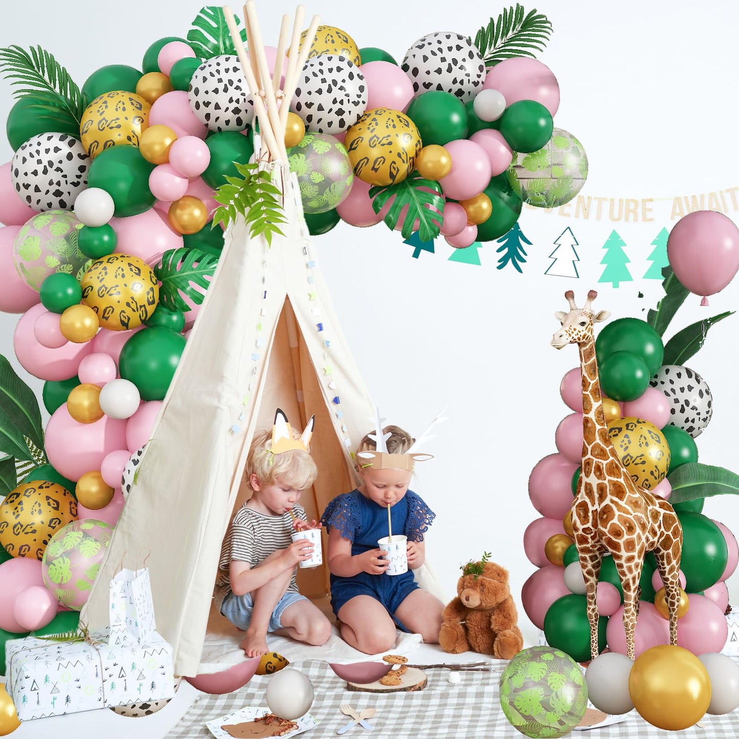 Safari Pink Balloon Garland Kit, Dark Green Pink White Cow Gold Leopard Animal Print Jungle Balloon Arch With Turtle Leaves For