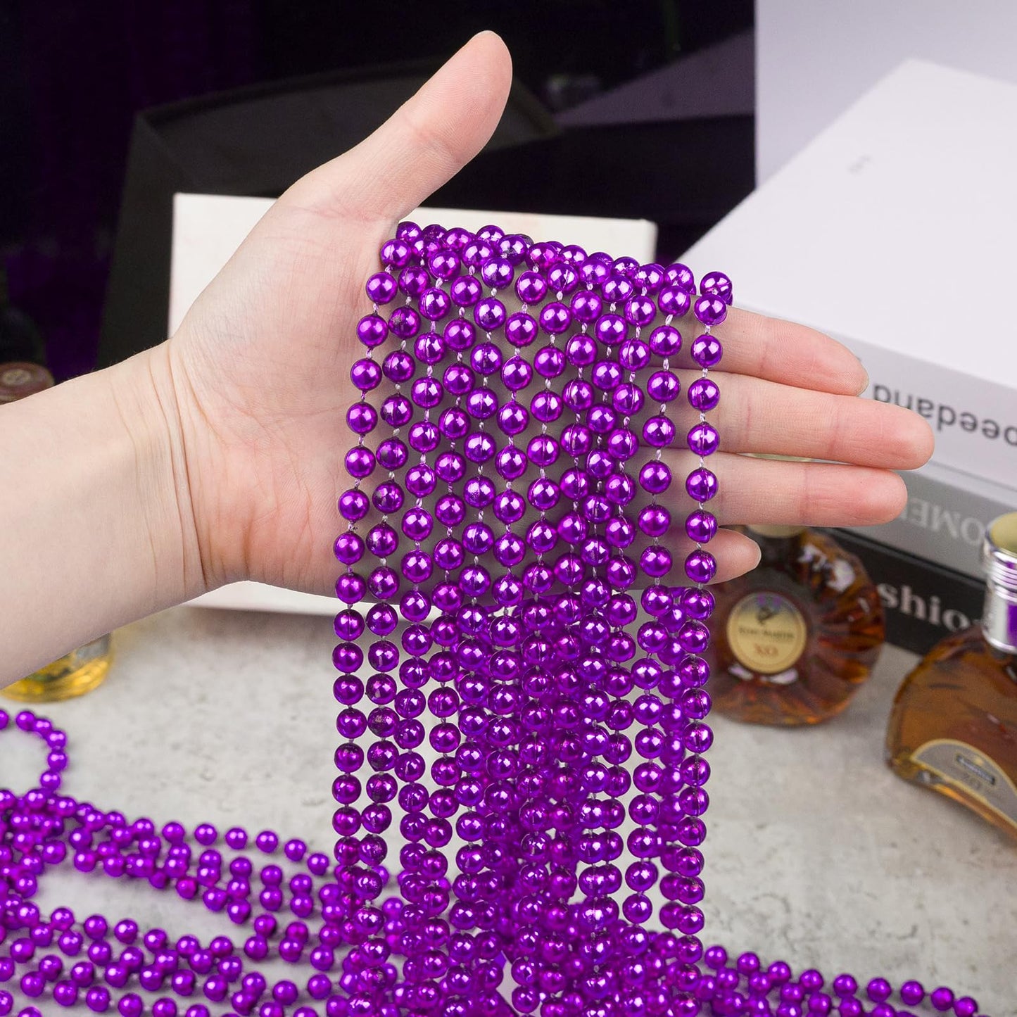 ZYFLSQ 100 Pcs 33'' 7mm Metallic Purple Beads Necklaces, Bulk Mardi Gras Beaded Necklaces, Party Beads Costume Necklaces